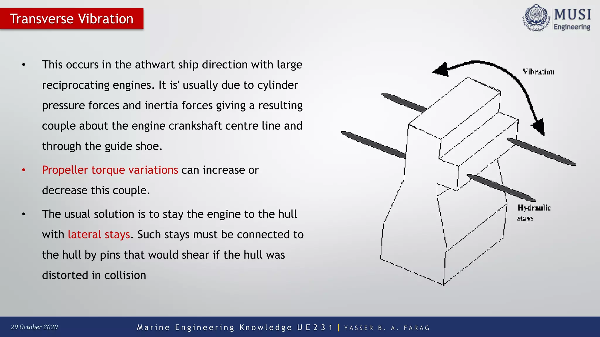 M a r i n e E n g i n e e r i n g K n o w l e d g e U E 2 3 1 | Y A S S E R B . A . F A R A G20 October 2020
Transverse Vibration
• This occurs in the athwart ship direction with large
reciprocating engines. It is' usually due to cylinder
pressure forces and inertia forces giving a resulting
couple about the engine crankshaft centre line and
through the guide shoe.
• Propeller torque variations can increase or
decrease this couple.
• The usual solution is to stay the engine to the hull
with lateral stays. Such stays must be connected to
the hull by pins that would shear if the hull was
distorted in collision
 