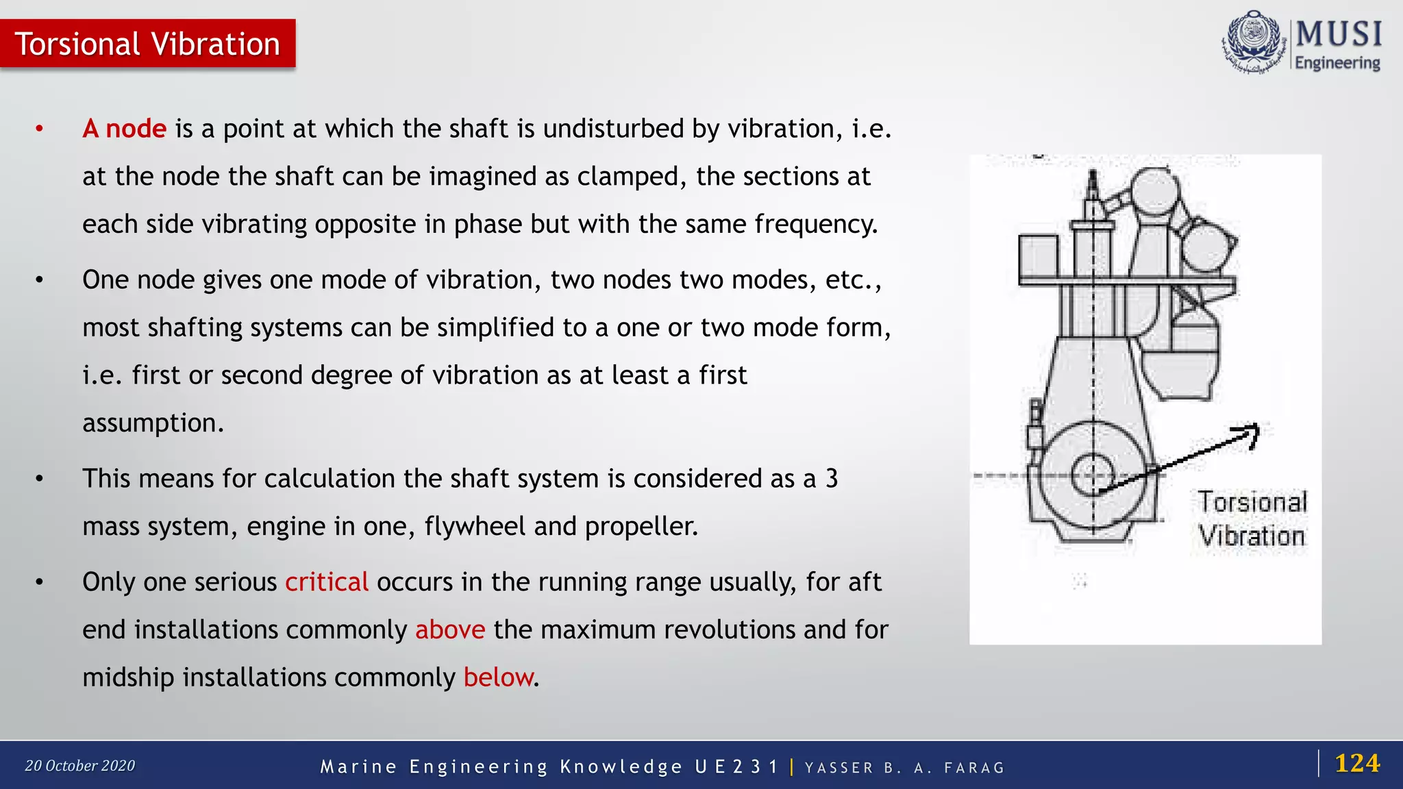 M a r i n e E n g i n e e r i n g K n o w l e d g e U E 2 3 1 | Y A S S E R B . A . F A R A G20 October 2020
Torsional Vibration
• A node is a point at which the shaft is undisturbed by vibration, i.e.
at the node the shaft can be imagined as clamped, the sections at
each side vibrating opposite in phase but with the same frequency.
• One node gives one mode of vibration, two nodes two modes, etc.,
most shafting systems can be simplified to a one or two mode form,
i.e. first or second degree of vibration as at least a first
assumption.
• This means for calculation the shaft system is considered as a 3
mass system, engine in one, flywheel and propeller.
• Only one serious critical occurs in the running range usually, for aft
end installations commonly above the maximum revolutions and for
midship installations commonly below.
124
 