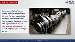 M a r i n e E n g i n e e r i n g K n o w l e d g e U E 2 3 1 | Y A S S E R B . A . F A R A G20 October 2020
Crank shaft alignment
Excessive crankshaft deflections
readings in reciprocating machinery
will mean that there is a continuing
variation in the distance between
crank webs as the shaft moves through
a full engine revolution. This will
cause dangerous bending stresses in
the web and fillets between crank pin
and web.
58
 