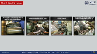 M a r i n e E n g i n e e r i n g K n o w l e d g e U E 2 3 1 | Y A S S E R B . A . F A R A G20 October 2020
Removing Astern Thrust Pads
Thrust Bearing Repair
Turning Out Bottom Half of Shell
Bearing After Jacking Shaft
Grinder Set Up
Temporary Thrust Arrangement
To Prevent Fwd Movement of
Shaft
76
 