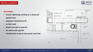 M a r i n e E n g i n e e r i n g K n o w l e d g e U E 2 3 1 | Y A S S E R B . A . F A R A G20 October 2020
Keyless propeller
Advantages
• Precise tightening working on a measured
applied load
• Adequate interference fit
• no heat used
• Simple and safe to operate
• No shock loads applied
• Considerable saving in man power and time
105
 