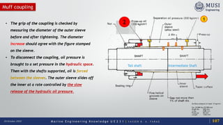 M a r i n e E n g i n e e r i n g K n o w l e d g e U E 2 3 1 | Y A S S E R B . A . F A R A G20 October 2020
Muff coupling
Tail shaft
• The grip of the coupling is checked by
measuring the diameter of the outer sleeve
before and after tightening. The diameter
increase should agree with the figure stamped
on the sleeve.
• To disconnect the coupling, oil pressure is
brought to a set pressure in the hydraulic space.
Then with the shafts supported, oil is forced
between the sleeves. The outer sleeve slides off
the inner at a rate controlled by the slow
release of the hydraulic oil pressure.
Intermediate Shaft
1
2
107
 