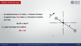 M a r i n e E n g i n e e r i n g K n o w l e d g e U E 2 3 1 | Y A S S E R B . A . F A R A G20 October 2020
Simple revolving mass
• An unbalanced mass m at radius r, to balance introduce
an opposite mass, B at radius b, in the plane of rotation
such that:
𝑩𝑩𝝎𝝎𝟐𝟐
b = m𝝎𝝎𝟐𝟐
𝒓𝒓
i.e. equal centrifugal force effects.
𝑩𝑩b = m𝒓𝒓
115
 