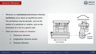 M a r i n e E n g i n e e r i n g K n o w l e d g e U E 2 3 1 | Y A S S E R B . A . F A R A G20 October 2020
General Vibration
• Vibration is a mechanical phenomenon whereby
oscillations occur about an equilibrium point.
The oscillations may be periodic, such as the
motion of a pendulum or random, such as the
movement of a tire on a gravel road.
• There are three modes of vibration:
1. Transverse vibration.
2. Longitudinal vibration (Axial).
3. Torsional Vibration
120
 