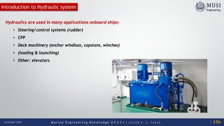 M a r i n e E n g i n e e r i n g K n o w l e d g e U E 2 3 1 | Y A S S E R B . A . F A R A G20 October 2020
Introduction to Hydraulic system
Hydraulics are used in many applications onboard ships:
• Steering/control systems (rudder)
• CPP
• Deck machinery (anchor windlass, capstans, winches)
• (loading & launching)
• Other: elevators
126
 