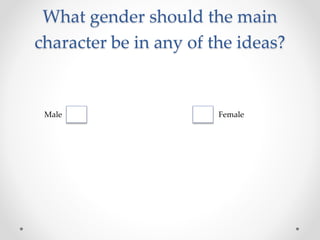 What gender should the main
character be in any of the ideas?
Male Female
 