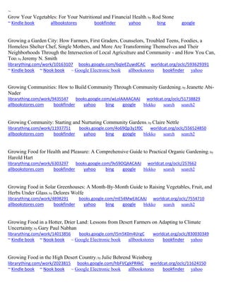 ~
Grow Your Vegetables: For Your Nutritional and Financial Health; by Rod Stone
~ Kindle book allbookstores bookfinder yahoo bing google
Growing a Garden City: How Farmers, First Graders, Counselors, Troubled Teens, Foodies, a
Homeless Shelter Chef, Single Mothers, and More Are Transforming Themselves and Their
Neighborhoods Through the Intersection of Local Agriculture and Community - and How You Can,
Too; by Jeremy N. Smith
librarything.com/work/10163107 books.google.com/6qleEZuwdCAC worldcat.org/oclc/593629391
~ Kindle book ~ Nook book ~ Google Electronic book allbookstores bookfinder yahoo
Growing Communities: How to Build Community Through Community Gardening; by Jeanette Abi-
Nader
librarything.com/work/9435547 books.google.com/wLolAAAACAAJ worldcat.org/oclc/51738829
allbookstores.com bookfinder yahoo bing google blekko search search2
Growing Community: Starting and Nurturing Community Gardens; by Claire Nettle
librarything.com/work/11937751 books.google.com/4o69Qp3y1f0C worldcat.org/oclc/556524850
allbookstores.com bookfinder yahoo bing google blekko search search2
Growing Food for Health and Pleasure: A Comprehensive Guide to Practical Organic Gardening; by
Harold Hart
librarything.com/work/6303297 books.google.com/9vS9OQAACAAJ worldcat.org/oclc/257662
allbookstores.com bookfinder yahoo bing google blekko search search2
Growing Food in Solar Greenhouses: A Month-By-Month Guide to Raising Vegetables, Fruit, and
Herbs Under Glass; by Delores Wolfe
librarything.com/work/4898291 books.google.com/mE54MwEACAAJ worldcat.org/oclc/7554710
allbookstores.com bookfinder yahoo bing google blekko search search2
Growing Food in a Hotter, Drier Land: Lessons from Desert Farmers on Adapting to Climate
Uncertainty; by Gary Paul Nabhan
librarything.com/work/14013856 books.google.com/I5m5K0m4UrgC worldcat.org/oclc/830030349
~ Kindle book ~ Nook book ~ Google Electronic book allbookstores bookfinder yahoo
Growing Food in the High Desert Country; by Julie Behrend Weinberg
librarything.com/work/2023815 books.google.com/hbFVCgkPR4kC worldcat.org/oclc/11624150
~ Kindle book ~ Nook book ~ Google Electronic book allbookstores bookfinder yahoo
 