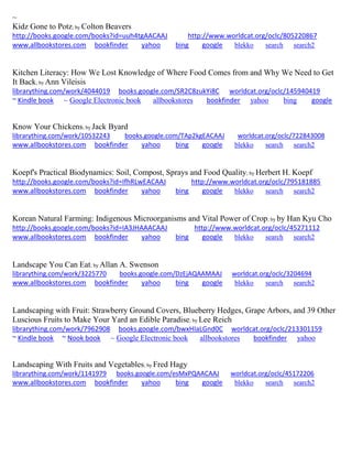 ~
Kidz Gone to Potz; by Colton Beavers
http://books.google.com/books?id=uuh4tgAACAAJ http://www.worldcat.org/oclc/805220867
www.allbookstores.com bookfinder yahoo bing google blekko search search2
Kitchen Literacy: How We Lost Knowledge of Where Food Comes from and Why We Need to Get
It Back; by Ann Vileisis
librarything.com/work/4044019 books.google.com/SR2C8zukYi8C worldcat.org/oclc/145940419
~ Kindle book ~ Google Electronic book allbookstores bookfinder yahoo bing google
Know Your Chickens; by Jack Byard
librarything.com/work/10532243 books.google.com/TAp2kgEACAAJ worldcat.org/oclc/722843008
www.allbookstores.com bookfinder yahoo bing google blekko search search2
Koepf's Practical Biodynamics: Soil, Compost, Sprays and Food Quality; by Herbert H. Koepf
http://books.google.com/books?id=IfhRLwEACAAJ http://www.worldcat.org/oclc/795181885
www.allbookstores.com bookfinder yahoo bing google blekko search search2
Korean Natural Farming: Indigenous Microorganisms and Vital Power of Crop; by by Han Kyu Cho
http://books.google.com/books?id=IA3JHAAACAAJ http://www.worldcat.org/oclc/45271112
www.allbookstores.com bookfinder yahoo bing google blekko search search2
Landscape You Can Eat; by Allan A. Swenson
librarything.com/work/3225770 books.google.com/DzEjAQAAMAAJ worldcat.org/oclc/3204694
www.allbookstores.com bookfinder yahoo bing google blekko search search2
Landscaping with Fruit: Strawberry Ground Covers, Blueberry Hedges, Grape Arbors, and 39 Other
Luscious Fruits to Make Your Yard an Edible Paradise; by Lee Reich
librarything.com/work/7962908 books.google.com/bwxHIaLGnd0C worldcat.org/oclc/213301159
~ Kindle book ~ Nook book ~ Google Electronic book allbookstores bookfinder yahoo
Landscaping With Fruits and Vegetables; by Fred Hagy
librarything.com/work/1141979 books.google.com/esMxPQAACAAJ worldcat.org/oclc/45172206
www.allbookstores.com bookfinder yahoo bing google blekko search search2
 