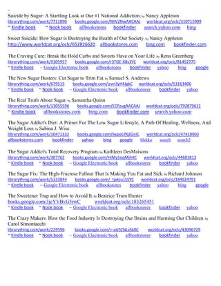 ~
Suicide by Sugar: A Startling Look at Our #1 National Addiction; by Nancy Appleton
librarything.com/work/7711890 books.google.com/MIV2NwAACAAJ worldcat.org/oclc/310715909
~ Kindle book ~ Nook book allbookstores bookfinder search.yahoo.com bing
Sweet Suicide: How Sugar is Destroying the Health of Our Society; by Nancy Appleton
http://www.worldcat.org/oclc/652826620 allbookstores.com bing.com bookfinder.com
The Craving Cure: Break the Hold Carbs and Sweets Have on Your Life; by Rena Greenberg
librarything.com/work/9105957 books.google.com/r3TGE-X8s3YC worldcat.org/oclc/81452775
~ Kindle book ~ Google Electronic book allbookstores bookfinder yahoo bing google
The New Sugar Busters: Cut Sugar to Trim Fat; by Samuel S. Andrews
librarything.com/work/679515 books.google.com/jcvn3yH4JgkC worldcat.org/oclc/53163406
~ Kindle book ~ Nook book ~ Google Electronic book allbookstores bookfinder yahoo
The Real Truth About Sugar; by Samantha Quinn
librarything.com/work/13055596 books.google.com/ECPzugAACAAJ worldcat.org/oclc/792879611
~ Kindle book allbookstores.com bing.com bookfinder.com search.yahoo.com
The Sugar Addict's Diet: A Primer For The Low Sugar Lifestyle, A Path Of Healing, Wellness, And
Weight Loss; by Sabina J. Wise
librarything.com/work/10471332 books.google.com/6xpoCP6ZGnIC worldcat.org/oclc/47410903
allbookstores.com bookfinder yahoo bing google blekko search search2
The Sugar Addict's Total Recovery Program; by Kathleen DesMaisons
librarything.com/work/307762 books.google.com/HiMy5oqMjh4C worldcat.org/oclc/44681813
~ Kindle book ~ Nook book ~ Google Electronic book allbookstores bookfinder yahoo
The Sugar Fix: The High-Fructose Fallout That Is Making You Fat and Sick; by Richard Johnson
librarything.com/work/5333844 books.google.com/_tjxkJu1SSYC worldcat.org/oclc/184924791
~ Kindle book ~ Google Electronic book allbookstores bookfinder yahoo bing google
The Sweetener Trap and How to Avoid It; by Beatrice Trum Hunter
books.google.com/3jcYVBvG5rwC worldcat.org/oclc/183265451
~ Kindle book ~ Nook book ~ Google Electronic book allbookstores bookfinder yahoo
The Crazy Makers: How the Food Industry Is Destroying Our Brains and Harming Our Children; by
Carol Simontacchi
librarything.com/work/229596 books.google.com/=-aU5ZNLvSk0C worldcat.org/oclc/43096729
~ Kindle book ~ Nook book ~ Google Electronic book allbookstores bookfinder yahoo
 