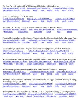 ~
Survival Acre: 50 Nationwide Wild Foods and Medicines; by Linda Runyon
librarything.com/work/2924946 books.google.com/5YVcSnpt7Z4C worldcat.org/oclc/525219531
www.allbookstores.com bookfinder yahoo bing google blekko search search2
Survival Gardening; by John A. Freeman
librarything.com/work/755306 books.google.com/6q8QAQAAMAAJ worldcat.org/oclc/10244668
www.allbookstores.com bookfinder yahoo bing google blekko search search2
Surviving Off Off-Grid: Decolonizing the Industrial Mind; by Michael Bunker
librarything.com/work/11043123 books.google.com/Z0mmuAAACAAJ worldcat.org/oclc/708046430
~ Kindle book allbookstores bookfinder yahoo bing google
Sustainable Agriculture and Resistance: Transforming Food Production in Cuba; by Fernando Funes
librarything.com/work/1314816 books.google.com/U0FgAAAAMAAJ worldcat.org/oclc/48557628
www.allbookstores.com bookfinder yahoo bing google blekko search search2
Sustainable Agriculture in the Tropics: A Natural Farming System; by Keith O. Mikkelson
http://www.echobooks.org http://books.google.com/books?id=VaUD09gyRUwC
www.allbookstores.com bookfinder yahoo bing google blekko search search2
Sustainable Market Farming: Intensive Vegetable Production on a Few Acres; by Lynn Byczynski
librarything.com/work/13371090 books.google.com/JlIwbBcglxEC worldcat.org/oclc/816764351
~ Kindle book ~ Nook book ~ Google Electronic book allbookstores bookfinder yahoo
Sustainable Vegetable Production: From Start-up to Market; by Vernon P. Grubinger
htlibrarything.com/work/1766171 books.google.com/IGQjAQAAMAAJ worldcat.org/oclc/40856848
www.allbookstores.com bookfinder yahoo bing google blekko search search2
Talking Chicken: Practical Advice on Heirloom Chickens and Eggs: Selection, Breeding, Raising,
Marketing; by Kelly Klober
librarything.com/work/11148123 books.google.com/jsFQXwAACAAJ worldcat.org/oclc/748802163
www.allbookstores.com bookfinder yahoo bing google blekko search search2
Talking Dirt: The Dirt Diva's Down-To-Earth Guide to Organic Gardening; by Annie Spiegelman
librarything.com/work/9524952 books.google.com/AOKXOA9jxYoC worldcat.org/oclc/426803606
~ Kindle book ~ Nook book ~ Google Electronic book allbookstores bookfinder yahoo
 