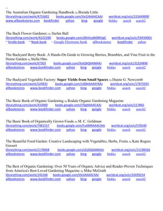~
The Australian Organic Gardening Handbook; by Brenda Little
librarything.com/work/4755601 books.google.com/Ve2JAAAACAAJ worldcat.org/oclc/155649090
www.allbookstores.com bookfinder yahoo bing google blekko search search2
The Bach Flower Gardener; by Stefan Ball
librarything.com/work/4222280 books.google.com/d0nhzdA0MUgC worldcat.org/oclc/59434001
~ Kindle book ~ Nook book ~ Google Electronic book allbookstores bookfinder yahoo
The Backyard Berry Book: A Hands-On Guide to Growing Berries, Brambles, and Vine Fruit in the
Home Garden; by Stella Otto
librarything.com/work/67303 books.google.com/XaIQAQAAMAAJ worldcat.org/oclc/32324896
allbookstores www.bookfinder.com yahoo bing google blekko search search2
The Backyard Vegetable Factory: Super Yields from Small Spaces; by Duane G. Newcomb
librarything.com/work/524835 books.google.com/UQNIAAAAYAAJ worldcat.org/oclc/17875035
allbookstores www.bookfinder.com yahoo bing google blekko search search2
The Basic Book of Organic Gardening; by Rodale Organic Gardening Magazine
librarything.com/work/433000 books.google.com/I76gHAAACAAJ worldcat.org/oclc/117865
allbookstores www.bookfinder.com yahoo bing google blekko search search2
The Basic Book of Organically Grown Foods; by M. C. Goldman
librarything.com/work/7481557 books.google.com/FuAMRAAACAAJ worldcat.org/oclc/570540
allbookstores www.bookfinder.com yahoo bing google blekko search search2
The Beautiful Food Garden: Creative Landscaping with Vegetables, Herbs, Fruits; by Kate Rogers
Gessert
librarything.com/work/2178068 books.google.com/sEIjAQAAMAAJ worldcat.org/oclc/15198566
allbookstores www.bookfinder.com yahoo bing google blekko search search2
The Best of Organic Gardening: Over 50 Years of Organic Advice and Reader-Proven Techniques
from America's Best-Loved Gardening Magazine; by Mike McGrath
librarything.com/work/142168 books.google.com/VksIAAAACAAJ worldcat.org/oclc/32699254
allbookstores www.bookfinder.com yahoo bing google blekko search search2
 