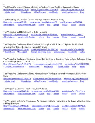 ~
The Urban Christian: Effective Ministry in Today's Urban World; by Raymond J. Bakke
librarything.com/work/348108 books.google.com/XQ-LMlswbicC worldcat.org/oclc/16980474
~ Kindle book ~ Nook book allbookstores bookfinder search.yahoo.com bing
The Unsettling of America: Culture and Agriculture; by Wendell Berry
librarything.com/work/61621 books.google.com/uSk9gAktmpQC worldcat.org/oclc/2836944
allbookstores www.bookfinder.com yahoo bing google blekko search search2
The Vegetable and Herb Expert; by D. G. Hessayon
librarything.com/work/622014 books.google.com/vq8swHca-vQC worldcat.org/oclc/37204022
allbookstores www.bookfinder.com yahoo bing google blekko search search2
The Vegetable Gardener's Bible: Discover Ed's High-Yield W-O-R-D System for All North
American Gardening Regions; by Edward C. Smith
librarything.com/work/174886 books.google.com/JYIMJ9hbYZsC worldcat.org/oclc/42690086
~ Kindle book ~ Nook book ~ Google Electronic book allbookstores bookfinder yahoo
The Vegetable Gardener's Container Bible: How to Grow a Bounty of Food in Pots, Tubs, and Other
Containers; by Edward C. Smith
librarything.com/work/10966276 books.google.com/ptmFAh2zDJUC worldcat.org/oclc/681503215
~ Google Electronic book allbookstores bookfinder search.yahoo bing google
The Vegetable Gardener's Guide to Permaculture: Creating an Edible Ecosystem; by Christopher
Shein
librarything.com/work/13344315 books.google.com/6uGsuAAACAAJ worldcat.org/oclc/785870730
~ Kindle book ~ Nook book allbookstores bookfinder search.yahoo.com bing
The Vegetable Growers Handbook; by Frank Tozer
librarything.com/work/7936135 books.google.com/SnTOIAAACAAJ worldcat.org/oclc/183179310
allbookstores www.bookfinder.com yahoo bing google blekko search search2
The Vermont Gardener's Companion: An Insider's Guide to Gardening in the Green Mountain State;
by Henry Homeyer
librarything.com/work/4286634 books.google.com/hp1LytmlwwoC worldcat.org/oclc/148971634
allbookstores www.bookfinder.com yahoo bing google blekko search search2
 