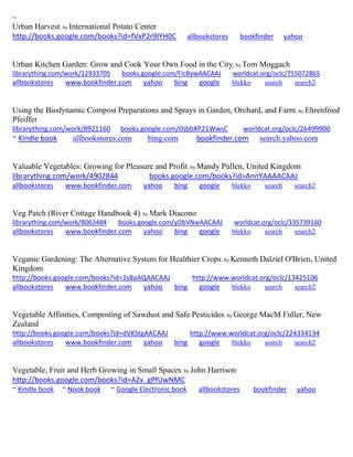 ~
Urban Harvest; by International Potato Center
http://books.google.com/books?id=fVxP2r9IYH0C allbookstores bookfinder yahoo
Urban Kitchen Garden: Grow and Cook Your Own Food in the City; by Tom Moggach
librarything.com/work/12933705 books.google.com/FicBywAACAAJ worldcat.org/oclc/755072865
allbookstores www.bookfinder.com yahoo bing google blekko search search2
Using the Biodynamic Compost Preparations and Sprays in Garden, Orchard, and Farm; by Ehrenfried
Pfeiffer
librarything.com/work/8921160 books.google.com/OjbbXP21WwsC worldcat.org/oclc/26499900
~ Kindle book allbookstores.com bing.com bookfinder.com search.yahoo.com
Valuable Vegetables: Growing for Pleasure and Profit; by Mandy Pullen, United Kingdom
librarything.com/work/4902844 books.google.com/books?id=AnnYAAAACAAJ
allbookstores www.bookfinder.com yahoo bing google blekko search search2
Veg Patch (River Cottage Handbook 4); by Mark Diacono
librarything.com/work/8063484 books.google.com/yDbVNwAACAAJ worldcat.org/oclc/335739160
allbookstores www.bookfinder.com yahoo bing google blekko search search2
Veganic Gardening: The Alternative System for Healthier Crops; by Kenneth Dalziel O'Brien, United
Kingdom
http://books.google.com/books?id=2sBaAQAACAAJ http://www.worldcat.org/oclc/13425106
allbookstores www.bookfinder.com yahoo bing google blekko search search2
Vegetable Affinities, Composting of Sawdust and Safe Pesticides; by George MacM Fuller, New
Zealand
http://books.google.com/books?id=dVKStgAACAAJ http://www.worldcat.org/oclc/224334134
allbookstores www.bookfinder.com yahoo bing google blekko search search2
Vegetable, Fruit and Herb Growing in Small Spaces; by John Harrison
http://books.google.com/books?id=AZv_gPfUwNMC
~ Kindle book ~ Nook book ~ Google Electronic book allbookstores bookfinder yahoo
 