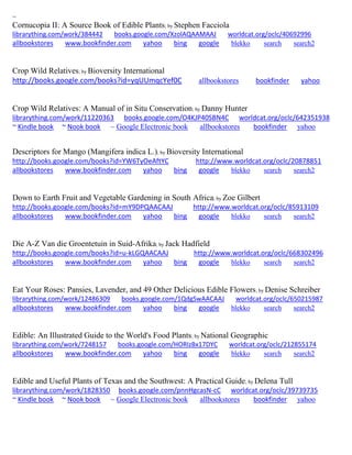 ~
Cornucopia II: A Source Book of Edible Plants; by Stephen Facciola
librarything.com/work/384442 books.google.com/XzolAQAAMAAJ worldcat.org/oclc/40692996
allbookstores www.bookfinder.com yahoo bing google blekko search search2
Crop Wild Relatives; by Bioversity International
http://books.google.com/books?id=yqUUmqcYef0C allbookstores bookfinder yahoo
Crop Wild Relatives: A Manual of in Situ Conservation; by Danny Hunter
librarything.com/work/11220363 books.google.com/O4KJP40SBN4C worldcat.org/oclc/642351938
~ Kindle book ~ Nook book ~ Google Electronic book allbookstores bookfinder yahoo
Descriptors for Mango (Mangifera indica L.); by Bioversity International
http://books.google.com/books?id=YW6TyOeAftYC http://www.worldcat.org/oclc/20878851
allbookstores www.bookfinder.com yahoo bing google blekko search search2
Down to Earth Fruit and Vegetable Gardening in South Africa; by Zoe Gilbert
http://books.google.com/books?id=mY9DPQAACAAJ http://www.worldcat.org/oclc/85913109
allbookstores www.bookfinder.com yahoo bing google blekko search search2
Die A-Z Van die Groentetuin in Suid-Afrika; by Jack Hadfield
http://books.google.com/books?id=u-kLGQAACAAJ http://www.worldcat.org/oclc/668302496
allbookstores www.bookfinder.com yahoo bing google blekko search search2
Eat Your Roses: Pansies, Lavender, and 49 Other Delicious Edible Flowers; by Denise Schreiber
librarything.com/work/12486309 books.google.com/1QdgSwAACAAJ worldcat.org/oclc/650215987
allbookstores www.bookfinder.com yahoo bing google blekko search search2
Edible: An Illustrated Guide to the World's Food Plants; by National Geographic
librarything.com/work/7248157 books.google.com/HORIzBx17DYC worldcat.org/oclc/212855174
allbookstores www.bookfinder.com yahoo bing google blekko search search2
Edible and Useful Plants of Texas and the Southwest: A Practical Guide; by Delena Tull
librarything.com/work/1828350 books.google.com/pnnHgcasN-cC worldcat.org/oclc/39739735
~ Kindle book ~ Nook book ~ Google Electronic book allbookstores bookfinder yahoo
 