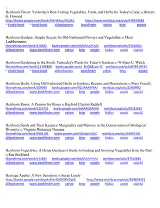 ~
Heirloom Flavor: Yesterday's Best-Tasting Vegetables, Fruits, and Herbs for Today's Cook; by Doreen
G. Howard
http://books.google.com/books?id=kEXuuSFzj2kC http://www.worldcat.org/oclc/648923688
~ Kindle book ~ Nook book allbookstores bookfinder yahoo bing google
Heirloom Gardens: Simple Secrets for Old-Fashioned Flowers and Vegetables; by Mimi
Luebbermann,
librarything.com/work/678683 books.google.com/mQhIAAAAYAAJ worldcat.org/oclc/35638091
allbookstores www.bookfinder.com yahoo bing google blekko search search2
Heirloom Gardening in the South: Yesterday's Plants for Today's Gardens; by William C. Welch
librarything.com/work/11463888 books.google.com/_6nQ681qy-4C worldcat.org/oclc/649419454
~ Kindle book ~ Nook book allbookstores bookfinder yahoo bing google
Heirloom Herbs: Using Old Fashioned Herbs in Gardens, Recipes and Decorations; by Mary Forsell,
librarything.com/work/109040 books.google.com/YQ1IAAAAYAAJ worldcat.org/oclc/21409492
allbookstores www.bookfinder.com yahoo bing google blekko search search2
Heirloom Roses: A Passion for Roses; by Rayford Clayton Reddell
librarything.com/work/1355722 books.google.com/5ek4AQAAIAAJ worldcat.org/oclc/39181655
allbookstores www.bookfinder.com yahoo bing google blekko search search2
Heirloom Seeds and Their Keepers: Marginality and Memory in the Conservation of Biological
Diversity; by Virginia Dimasuay Nazarea
librarything.com/work/5983186 books.google.com/j3IxSgc4cOsC worldcat.org/oclc/56967130
allbookstores www.bookfinder.com yahoo bing google blekko search search2
Heirloom Vegetables: A Home Gardener's Guide to Finding and Growing Vegetables from the Past;
by Sue Stickland
librarything.com/work/141693 books.google.com/dwZIAAAAYAAJ worldcat.org/oclc/37310883
allbookstores www.bookfinder.com yahoo bing google blekko search search2
Heritage Apples: A New Sensation; by Susan Lundy
http://books.google.com/books?id=iDjOK5EVDqkC http://www.worldcat.org/oclc/819846451
allbookstores www.bookfinder.com yahoo bing google blekko search search2
 
