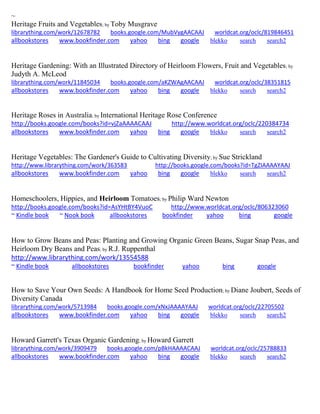 ~
Heritage Fruits and Vegetables; by Toby Musgrave
librarything.com/work/12678782 books.google.com/MubVygAACAAJ worldcat.org/oclc/819846451
allbookstores www.bookfinder.com yahoo bing google blekko search search2
Heritage Gardening: With an Illustrated Directory of Heirloom Flowers, Fruit and Vegetables; by
Judyth A. McLeod
librarything.com/work/11845034 books.google.com/aKZWAgAACAAJ worldcat.org/oclc/38351815
allbookstores www.bookfinder.com yahoo bing google blekko search search2
Heritage Roses in Australia; by International Heritage Rose Conference
http://books.google.com/books?id=vjZaAAAACAAJ http://www.worldcat.org/oclc/220384734
allbookstores www.bookfinder.com yahoo bing google blekko search search2
Heritage Vegetables: The Gardener's Guide to Cultivating Diversity; by Sue Strickland
http://www.librarything.com/work/363583 http://books.google.com/books?id=TgZIAAAAYAAJ
allbookstores www.bookfinder.com yahoo bing google blekko search search2
Homeschoolers, Hippies, and Heirloom Tomatoes; by Philip Ward Newton
http://books.google.com/books?id=AsYHtBY4VuoC http://www.worldcat.org/oclc/806323060
~ Kindle book ~ Nook book allbookstores bookfinder yahoo bing google
How to Grow Beans and Peas: Planting and Growing Organic Green Beans, Sugar Snap Peas, and
Heirloom Dry Beans and Peas; by R.J. Ruppenthal
http://www.librarything.com/work/13554588
~ Kindle book allbookstores bookfinder yahoo bing google
How to Save Your Own Seeds: A Handbook for Home Seed Production; by Diane Joubert, Seeds of
Diversity Canada
librarything.com/work/5713984 books.google.com/xNxJAAAAYAAJ worldcat.org/oclc/22705502
allbookstores www.bookfinder.com yahoo bing google blekko search search2
Howard Garrett's Texas Organic Gardening; by Howard Garrett
librarything.com/work/3909479 books.google.com/pBkHAAAACAAJ worldcat.org/oclc/25788833
allbookstores www.bookfinder.com yahoo bing google blekko search search2
 
