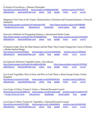 ~
In Search of Lost Roses; by Thomas Christopher
librarything.com/work/290178 books.google.com/MtBgyNQiF80C worldcat.org/oclc/19778377
allbookstores www.bookfinder.com yahoo bing google blekko search search2
Indigenous Fruit Trees in the Tropics: Domestication, Utilization and Commercialization; by Festus K
Akinnifesi
http://books.google.com/books?id=wKHs1gLiYYkC http://www.worldcat.org/oclc/647686009
~ Google Electronic book allbookstores bookfinder search.yahoo bing google
Innovative Methods for Propagating Potatoes; by International Potato Center
http://books.google.com/books?id=YkTQNlWB7QoC http://www.worldcat.org/oclc/13556929
allbookstores www.bookfinder.com yahoo bing google blekko search search2
It Started in Eden: How the Plant Hunters and the Plants They Found Changed the Course of History;
by Bertha Sanford Dodge
librarything.com/work/5938371 books.google.com/mh5tAAAAMAAJ worldcat.org/oclc/5008248
allbookstores www.bookfinder.com yahoo bing google blekko search search2
Jim Johnson's Heirloom Vegetable Guide; by Jim Johnson
http://books.google.com/books?id=ab8LtwAACAAJ http://www.worldcat.org/oclc/6572162
allbookstores www.bookfinder.com yahoo bing google blekko search search2
Less Usual Vegetables: How to Grow and How to Cook Them; by Brian George Furner, United
Kingdom
librarything.com/work/5119441 books.google.com/EAtPAAAACAAJ worldcat.org/oclc/16281331
allbookstores www.bookfinder.com yahoo bing google blekko search search2
Lost Crops of Africa, Volume I: Grains; by National Research Council
librarything.com/work/5845213 books.google.com/87ou6aEaze8C worldcat.org/oclc/439351797
~ Google Electronic book allbookstores bookfinder search.yahoo bing google
Lost Crops of Africa, Volume II: Vegetables; by National Research Council
librarything.com/work/6772813 books.google.com/e-UjAQAAMAAJ worldcat.org/oclc/85851965
allbookstores www.bookfinder.com yahoo bing google blekko search search2
 