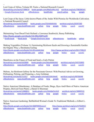 ~
Lost Crops of Africa, Volume III: Fruits; by National Research Council
librarything.com/work/7788674 books.google.com/MqGLARzj-6sC worldcat.org/oclc/798306541
~ Google Electronic book allbookstores bookfinder search.yahoo bing google
Lost Crops of the Incas: Little-known Plants of the Andes With Promise for Worldwide Cultivation;
by National Research Council
librarything.com/work/819947 books.google.com/iT0rAAAAYAAJ worldcat.org/oclc/20397360
allbookstores www.bookfinder.com yahoo bing google blekko search search2
Maintaining Your Dwarf Fruit Orchard; by Lawrence Southwick, Storey Publishing
http://books.google.com/books?id=O0cr0jMYos0C
~ Kindle book ~ Nook book ~ Google Electronic book allbookstores bookfinder yahoo
Making Vegetables (Volume 1): Germinating Heirloom Seeds and Growing a Sustainable Garden
the Organic Way; by Shoshanna Easling
http://books.google.com/books?id=ZZiiuAAACAAJ http://www.worldcat.org/oclc/811739619
allbookstores www.bookfinder.com yahoo bing google blekko search search2
Manifestos on the Future of Food and Seed; by Carlo Petrini
librarything.com/work/4103894 books.google.com/SAyzAAAAIAAJ worldcat.org/oclc/145732895
allbookstores www.bookfinder.com yahoo bing google blekko search search2
Melons, An Heirloom Gallery for the Passionate Grower: With Practical Advice on Growing,
Pollinating, Picking, and Preparing; by Amy Goldman
librarything.com/work/711917 books.google.com/xqG22Ah3Hx4C worldcat.org/oclc/48706948
allbookstores www.bookfinder.com yahoo bing google blekko search search2
Native American Ethnobotany: A Database of Foods, Drugs, Dyes And Fibers of Native American
Peoples, Derived From Plants; by Daniel E Moerman
librarything.com/work/12880811 books.google.com/UXaQat5icHUC worldcat.org/oclc/38002531
allbookstores www.bookfinder.com yahoo bing google blekko search search2
Native American Gardening: Buffalobird-Woman's Guide To Traditional Methods; by Gilbert L.
Wilson
http://books.google.com/books?id=lQMFMDGvoccC http://www.worldcat.org/oclc/57564915
allbookstores www.bookfinder.com yahoo bing google blekko search search2
 