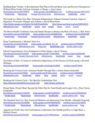 ~
Building Bone Vitality: A Revolutionary Diet Plan to Prevent Bone Loss and Reverse Osteoporosis -
Without Dairy Foods, Calcium, Estrogen, or Drugs; by Amy Lanou
librarything.com/work/8798836 books.google.com/p8DhXkxe3-kC worldcat.org/oclc/249136333
~ Kindle book ~ Nook book ~ Google Electronic book allbookstores bookfinder yahoo
The Guide to a Dairy-Free Diet: Eliminate Inflammation, Enhance Immune Function, Improve
Digestion, Overcome Allergies and Asthma; by David Brownstein
http://books.google.com/books?id=XaD1XwAACAAJ http://www.worldcat.org/oclc/640128121
allbookstores.com bookfinder yahoo bing google blekko search search2
The Breast Health Cookbook: Fast and Simple Recipes to Reduce the Risk of Cancer; by Bob Arnot
librarything.com/work/4672862 books.google.com/vvsVG6WHAzkC worldcat.org/oclc/45002206
~ Kindle book ~ Nook book ~ Google Electronic book allbookstores bookfinder yahoo
Deep Vegetarianism; by Michael Allen Fox
librarything.com/work/347626 books.google.com/Z0s3X_vh1_EC worldcat.org/oclc/47009699
~ Kindle book allbookstores.com bing.com bookfinder.com search.yahoo.com
Ethical Vegetarianism: From Pythagoras to Peter Singer; by Kerry Walters
librarything.com/work/1275070 books.google.com/8Ti_kVvWVBwC worldcat.org/oclc/42856445
~ Nook book ~ Google Electronic book allbookstores bookfinder yahoo bing google
The Ethics of Diet: A Catena of Authorities Deprecatory of the Practice of Flesh-eating; by Howard
Williams
librarything.com/work/3874866 books.google.com/o9ugCcZ13BMC worldcat.org/50773643
Breaking the Vicious Cycle: Intestinal Health Through Diet; by Elaine Gloria Gottschall
librarything.com/work/170365 books.google.com/R-5ZwrIcudUC worldcat.org/oclc/30668009
allbookstores.com bookfinder yahoo bing google blekko search search2
Breaking the Vicious Cycle - The Specific Carbohydrate Diet
http://www.breakingtheviciouscycle.info http://www.scdiet.org
Primal Body, Primal Mind: Beyond the Paleo Diet for Total Health and Longer Life; by Nora Teresa
Gedgaudas
librarything.com/work/11324160 books.google.com/dP5lcAAACAAJ worldcat.org/oclc/656456253
~ Kindle book ~ Nook book allbookstores bookfinder search.yahoo.com bing
The Hundred-Year Lie: How Food and Medicine are Destroying Your Health; by Randall Fitzgerald
librarything.com/work/10746066 books.google.com/IKTPNAAACAAJ worldcat.org/oclc/62738611
~ Kindle book ~ Nook book allbookstores bookfinder search.yahoo.com bing
Appetite for Profit: How the Food Industry Undermines Our Health and How to Fight Back; by
Michele Simon
librarything.com/work/1553345 books.google.com/Y-HfTRmPq1cC worldcat.org/oclc/74490503
 