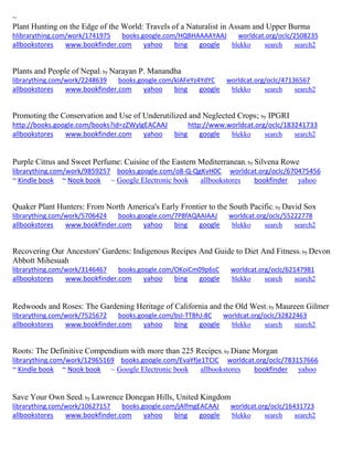 ~
Plant Hunting on the Edge of the World: Travels of a Naturalist in Assam and Upper Burma
hlibrarything.com/work/1741975 books.google.com/HQBHAAAAYAAJ worldcat.org/oclc/2508235
allbookstores www.bookfinder.com yahoo bing google blekko search search2
Plants and People of Nepal; by Narayan P. Manandha
librarything.com/work/2248639 books.google.com/klAFeYz4YdYC worldcat.org/oclc/47136567
allbookstores www.bookfinder.com yahoo bing google blekko search search2
Promoting the Conservation and Use of Underutilized and Neglected Crops; by IPGRI
http://books.google.com/books?id=zZWylgEACAAJ http://www.worldcat.org/oclc/183241733
allbookstores www.bookfinder.com yahoo bing google blekko search search2
Purple Citrus and Sweet Perfume: Cuisine of the Eastern Mediterranean; by Silvena Rowe
librarything.com/work/9859257 books.google.com/o8-Q-QgKvH0C worldcat.org/oclc/670475456
~ Kindle book ~ Nook book ~ Google Electronic book allbookstores bookfinder yahoo
Quaker Plant Hunters: From North America's Early Frontier to the South Pacific; by David Sox
librarything.com/work/5706424 books.google.com/7P8fAQAAIAAJ worldcat.org/oclc/55222778
allbookstores www.bookfinder.com yahoo bing google blekko search search2
Recovering Our Ancestors' Gardens: Indigenous Recipes And Guide to Diet And Fitness; by Devon
Abbott Mihesuah
librarything.com/work/3146467 books.google.com/OKoiCm09p6sC worldcat.org/oclc/62147981
allbookstores www.bookfinder.com yahoo bing google blekko search search2
Redwoods and Roses: The Gardening Heritage of California and the Old West; by Maureen Gilmer
librarything.com/work/7525672 books.google.com/bsI-TTBhJ-8C worldcat.org/oclc/32822463
allbookstores www.bookfinder.com yahoo bing google blekko search search2
Roots: The Definitive Compendium with more than 225 Recipes; by Diane Morgan
librarything.com/work/12965169 books.google.com/EvaYfje1TCIC worldcat.org/oclc/783157666
~ Kindle book ~ Nook book ~ Google Electronic book allbookstores bookfinder yahoo
Save Your Own Seed; by Lawrence Donegan Hills, United Kingdom
librarything.com/work/10627157 books.google.com/jAlfmgEACAAJ worldcat.org/oclc/16431723
allbookstores www.bookfinder.com yahoo bing google blekko search search2
 