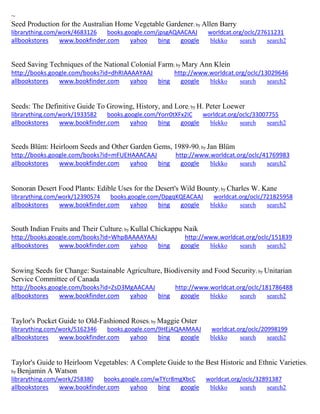 ~
Seed Production for the Australian Home Vegetable Gardener; by Allen Barry
librarything.com/work/4683126 books.google.com/jpsgAQAACAAJ worldcat.org/oclc/27611231
allbookstores www.bookfinder.com yahoo bing google blekko search search2
Seed Saving Techniques of the National Colonial Farm; by Mary Ann Klein
http://books.google.com/books?id=dhRIAAAAYAAJ http://www.worldcat.org/oclc/13029646
allbookstores www.bookfinder.com yahoo bing google blekko search search2
Seeds: The Definitive Guide To Growing, History, and Lore; by H. Peter Loewer
librarything.com/work/1933582 books.google.com/Yorr0tXFx2IC worldcat.org/oclc/33007755
allbookstores www.bookfinder.com yahoo bing google blekko search search2
Seeds Blüm: Heirloom Seeds and Other Garden Gems, 1989-90; by Jan Blüm
http://books.google.com/books?id=mFUEHAAACAAJ http://www.worldcat.org/oclc/41769983
allbookstores www.bookfinder.com yahoo bing google blekko search search2
Sonoran Desert Food Plants: Edible Uses for the Desert's Wild Bounty; by Charles W. Kane
librarything.com/work/12390574 books.google.com/DpgqKQEACAAJ worldcat.org/oclc/721825958
allbookstores www.bookfinder.com yahoo bing google blekko search search2
South Indian Fruits and Their Culture; by Kullal Chickappu Naik
http://books.google.com/books?id=WhpBAAAAYAAJ http://www.worldcat.org/oclc/151839
allbookstores www.bookfinder.com yahoo bing google blekko search search2
Sowing Seeds for Change: Sustainable Agriculture, Biodiversity and Food Security; by Unitarian
Service Committee of Canada
http://books.google.com/books?id=ZsD3MgAACAAJ http://www.worldcat.org/oclc/181786488
allbookstores www.bookfinder.com yahoo bing google blekko search search2
Taylor's Pocket Guide to Old-Fashioned Roses; by Maggie Oster
librarything.com/work/5162346 books.google.com/9HEjAQAAMAAJ worldcat.org/oclc/20998199
allbookstores www.bookfinder.com yahoo bing google blekko search search2
Taylor's Guide to Heirloom Vegetables: A Complete Guide to the Best Historic and Ethnic Varieties;
by Benjamin A Watson
librarything.com/work/258380 books.google.com/wTYcr8mgXbcC worldcat.org/oclc/32891387
allbookstores www.bookfinder.com yahoo bing google blekko search search2
 