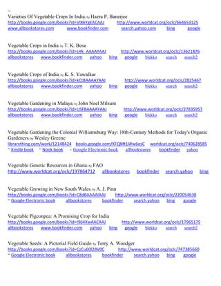 ~
Varieties Of Vegetable Crops In India; by Hazra P. Banerjee
http://books.google.com/books?id=Vl86YgEACAAJ http://www.worldcat.org/oclc/664653125
www.allbookstores.com www.bookfinder.com search.yahoo.com bing google
Vegetable Crops in India; by T. K. Bose
http://books.google.com/books?id=sHk_AAAAYAAJ http://www.worldcat.org/oclc/13621876
allbookstores www.bookfinder.com yahoo bing google blekko search search2
Vegetable Crops of India; by K. S. Yawalkar
http://books.google.com/books?id=kCtBAAAAYAAJ http://www.worldcat.org/oclc/2825467
allbookstores www.bookfinder.com yahoo bing google blekko search search2
Vegetable Gardening in Malaya; by John Noel Milsum
http://books.google.com/books?id=USFBAAAAYAAJ http://www.worldcat.org/oclc/27835957
allbookstores www.bookfinder.com yahoo bing google blekko search search2
Vegetable Gardening the Colonial Williamsburg Way: 18th-Century Methods for Today's Organic
Gardeners; by Wesley Greene
librarything.com/work/12148424 books.google.com/KFQMt1Ww6osC worldcat.org/oclc/740628585
~ Kindle book ~ Nook book ~ Google Electronic book allbookstores bookfinder yahoo
Vegetable Genetic Resources in Ghana; by FAO
http://www.worldcat.org/oclc/197864712 allbookstores bookfinder search.yahoo bing
Vegetable Growing in New South Wales; by A. J. Pinn
http://books.google.com/books?id=C8dBAAAAIAAJ http://www.worldcat.org/oclc/220054630
~ Google Electronic book allbookstores bookfinder search.yahoo bing google
Vegetable Pigeonpea: A Promising Crop for India
http://books.google.com/books?id=I964XwAACAAJ http://www.worldcat.org/oclc/17965175
allbookstores www.bookfinder.com yahoo bing google blekko search search2
Vegetable Seeds: A Pictorial Field Guide; by Terry A. Woodger
http://books.google.com/books?id=CzCu60l2BV0C http://www.worldcat.org/oclc/747385660
~ Google Electronic book allbookstores bookfinder search.yahoo bing google
 