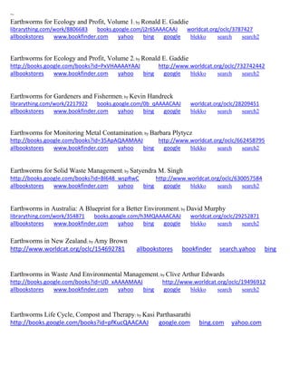 ~
Earthworms for Ecology and Profit, Volume 1; by Ronald E. Gaddie
librarything.com/work/8806683 books.google.com/j2r6SAAACAAJ worldcat.org/oclc/3787427
allbookstores www.bookfinder.com yahoo bing google blekko search search2
Earthworms for Ecology and Profit, Volume 2; by Ronald E. Gaddie
http://books.google.com/books?id=PxVHAAAAYAAJ http://www.worldcat.org/oclc/732742442
allbookstores www.bookfinder.com yahoo bing google blekko search search2
Earthworms for Gardeners and Fishermen; by Kevin Handreck
librarything.com/work/2217922 books.google.com/0b_qAAAACAAJ worldcat.org/oclc/28209451
allbookstores www.bookfinder.com yahoo bing google blekko search search2
Earthworms for Monitoring Metal Contamination; by Barbara Plytycz
http://books.google.com/books?id=35ApAQAAMAAJ http://www.worldcat.org/oclc/662458795
allbookstores www.bookfinder.com yahoo bing google blekko search search2
Earthworms for Solid Waste Management; by Satyendra M. Singh
http://books.google.com/books?id=Bl648_wspRwC http://www.worldcat.org/oclc/630057584
allbookstores www.bookfinder.com yahoo bing google blekko search search2
Earthworms in Australia: A Blueprint for a Better Environment; by David Murphy
librarything.com/work/354871 books.google.com/h3MQAAAACAAJ worldcat.org/oclc/29252871
allbookstores www.bookfinder.com yahoo bing google blekko search search2
Earthworms in New Zealand; by Amy Brown
http://www.worldcat.org/oclc/154692781 allbookstores bookfinder search.yahoo bing
Earthworms in Waste And Environmental Management; by Clive Arthur Edwards
http://books.google.com/books?id=UD_xAAAAMAAJ http://www.worldcat.org/oclc/19496912
allbookstores www.bookfinder.com yahoo bing google blekko search search2
Earthworms Life Cycle, Compost and Therapy; by Kasi Parthasarathi
http://books.google.com/books?id=pfKucQAACAAJ google.com bing.com yahoo.com
 