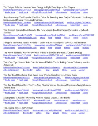 ~
The Fatigue Solution: Increase Your Energy in Eight Easy Steps; by Eva Cwynar
librarything.com/work/12476412 books.google.com/XLzYcfofRJUC worldcat.org/oclc/761381477
~ Kindle book ~ Nook book ~ Google Electronic book allbookstores bookfinder yahoo
Super Immunity: The Essential Nutrition Guide for Boosting Your Body's Defenses to Live Longer,
Stronger, and Disease Free; by Joel Fuhrman
librarything.com/work/11649084 books.google.com/MLPEQMWPgnAC worldcat.org/oclc/703206381
~ Kindle book ~ Nook book ~ Google Electronic book allbookstores bookfinder yahoo
The Broccoli Sprouts Breakthrough: The New Miracle Food for Cancer Prevention; by Deborah
Mitchell
librarything.com/work/4760673 books.google.com/VtpdHAAACAAJ worldcat.org/oclc/39889843
allbookstores www.bookfinder.com yahoo bing google blekko search search2
3 Steps to Incredible Health! Volume 1: Learn it! Live it! and you'll Love it; by Joel Fuhrman
librarything.com/work/13157231 books.google.com/QkiLuAAACAAJ worldcat.org/oclc/755013114
allbookstores www.bookfinder.com yahoo bing google blekko search search2
The Power of Habit: Why We Do What We Do in Life and Business; by Charles Duhigg
librarything.com/work/11753940 books.google.com/O1MInVXd_aoC worldcat.org/oclc/731918383
~ Kindle book ~ Nook book ~ Google Electronic book allbookstores bookfinder yahoo
Take Care Tips: How to Take Care for Yourself While You're Taking Care of Others; by Jennifer
Antkowiak
librarything.com/work/8374634 books.google.com/lz2tPAAACAAJ worldcat.org/oclc/233939696
allbookstores.com bookfinder yahoo bing google blekko search search2
The Raw Food Revolution Diet: Feast, Lose Weight, Gain Energy; by Cherie Soria
librarything.com/work/6638217 books.google.com/pfJQ23sKneEC worldcat.org/oclc/214282498
~ Kindle book ~ Nook book ~ Google Electronic book allbookstores bookfinder yahoo
The Raw Food Detox Diet: The Five-Step Plan for Vibrant Health and Maximum Weight Loss; by
Natalia Rose
librarything.com/work/536464 books.google.com/D_GsqMlCPZAC worldcat.org/oclc/58052565
~ Kindle book ~ Nook book ~ Google Electronic book allbookstores bookfinder yahoo
Microgreens: A Guide To Growing Nutrient Packed Greens; by Eric Franks
librarything.com/work/8492027 wheatgrasskits.com sproutpeople.org sproutman.com
~ Kindle book ~ Nook book ~ Google Electronic book allbookstores bookfinder yahoo
The Juicing Bible; by Pat Crocker
librarything.com/work/536459 books.google.com/_wW4IAAACAAJ worldcat.org/oclc/44495212
allbookstores.com bookfinder yahoo bing google blekko search search2
 