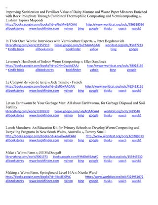 ~
Improving Sanitization and Fertiliser Value of Dairy Manure and Waste Paper Mixtures Enriched
with Rock Phosphate Through Combined Thermophilic Composting and Vermicomposting; by
Lushian Tapiwa Mupondi
http://books.google.com/books?id=ePhzMwEACAAJ http://www.worldcat.org/oclc/796918596
allbookstores www.bookfinder.com yahoo bing google blekko search search2
In Their Own Words: Interviews with Vermiculture Experts; by Peter Bogdanovich
librarything.com/work/11957519 books.google.com/5uCTAAAACAAJ worldcat.org/oclc/45487223
~ Kindle book allbookstores bookfinder yahoo bing google
Laverme's Handbook of Indoor Worm Composting; by Ellen Sandbeck
http://books.google.com/books?id=aGNmGwAACAAJ http://www.worldcat.org/oclc/48024159
~ Kindle book allbookstores bookfinder yahoo bing google
Le Compost de vers de terre; by Jack Temple - French
http://books.google.com/books?id=t5zfOwAACAAJ http://www.worldcat.org/oclc/462433116
allbookstores www.bookfinder.com yahoo bing google blekko search search2
Let an Earthworm be Your Garbage Man: All about Earthworms, for Garbage Disposal and Soil
Fertility
librarything.com/work/13102639 books.google.com/-vJgAQAACAAJ worldcat.org/oclc/1429548
allbookstores www.bookfinder.com yahoo bing google blekko search search2
Lunch Munchers: An Education Kit for Primary Schools to Develop Worm Composting and
Recycling Programs in New South Wales, Australia; by Tammy Small
http://books.google.com/books?id=koasXwAACAAJ http://www.worldcat.org/oclc/320288613
allbookstores www.bookfinder.com yahoo bing google blekko search search2
Make a Worm Farm; by Jill McDougall
librarything.com/work/9001373 books.google.com/YMdDs0l5AqYC worldcat.org/oclc/155445530
allbookstores www.bookfinder.com yahoo bing google blekko search search2
Making a Worm Farm, Springboard Level 16A; by Nicole Ward
http://books.google.com/books?id=ljKxtJTI6PcC http://www.worldcat.org/oclc/324952072
allbookstores www.bookfinder.com yahoo bing google blekko search search2
 