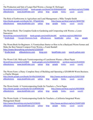 ~
The Production and Sale of Larger Red Worms; by George H. Holwager
librarything.com/work/5153407 books.google.com/books?id=Dt9HAAAACAAJ worldcat.org/oclc/756886
allbookstores www.bookfinder.com yahoo bing google blekko search search2
The Role of Earthworms in Agriculture and Land Management; by Mike Temple-Smith
http://books.google.com/books?id=_Yf7tgAACAAJ http://www.worldcat.org/oclc/38397782
allbookstores www.bookfinder.com yahoo bing google blekko search search2
The Worm Book: The Complete Guide to Gardening and Composting with Worms; by Loren
Nancarrow
librarything.com/work/653193 books.google.com/rmtZ91zbxLMC worldcat.org/oclc/38067650
~ Kindle book ~ Google Electronic book allbookstores bookfinder yahoo bing google
The Worm Book for Beginners: A Vermiculture Starter or How to be a Backyard Worm Farmer and
Make the Best Natural Compost From Worms; by Frank Randall
http://www.librarything.com/work/12326569
~ Kindle book allbookstores.com bing.com bookfinder.com search.yahoo.com
The Worm Cafe: Mid-scale Vermicomposting of Lunchroom Wastes; by Binet Payne
librarything.com/work/1124844 books.google.com/IsUKAAAACAAJ worldcat.org/oclc/41343935
allbookstores www.bookfinder.com yahoo bing google blekko search search2
The Worm Farm: a Diary: Complete Story of Building and Operating a $20,000.00 Worm Business;
by Charlie Morgan
http://books.google.com/books?id=X9y1GAAACAAJ http://www.worldcat.org/oclc/220271918
allbookstores www.bookfinder.com yahoo bing google blekko search search2
The Worm Guide: A Vermicomposting Guide for Teachers; by Tavia Pagan
http://books.google.com/books?id=1IL4PAAACAAJ http://www.worldcat.org/oclc/49339696
allbookstores www.bookfinder.com yahoo bing google blekko search search2
The Worm Guide: A Vermicomposting Guide for Teachers; by California Integrated Waste
Management Board
http://www.librarything.com/work/11236245 http://www.worldcat.org/oclc/316871428
allbookstores www.bookfinder.com yahoo bing google blekko search search2
 