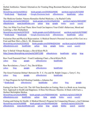 ~
Herbal Antibiotics: Natural Alternatives for Treating Drug-Resistant Bacterial; by Stephen Harrod
Buhner
librarything.com/work/646512 books.google.com/f2hDKZqYNO8C worldcat.org/oclc/45732069
~ Kindle book ~ Nook book ~ Google Electronic book allbookstores bookfinder yahoo
The Medicine Garden: Natures Remedies Herbal Medicine; by by Rachel Corby
librarything.com/work/10842625 books.google.com/GnxVPgAACAAJ worldcat.org/oclc/360144987
allbookstores www.bookfinder.com yahoo bing google blekko search search2
They Are What You Feed Them: How Food Can Improve Your Child’s Behaviour, Mood and
Learning; by Alex Richardson
librarything.com/work/2479570 books.google.com/Co99r9msnmsC worldcat.org/oclc/62795887
~ Kindle book ~ Nook book ~ Google Electronic book allbookstores bookfinder yahoo
Fruitarian Diet and Physical Rejuvenation: A Medical Doctor's Personal Account of His Cure on a
Fruit and Raw Diet; by Otto L. M. Abramowski
librarything.com/work/2334162 books.google.com/F6PNkQEACAAJ worldcat.org/oclc/41864934
allbookstores.com bookfinder yahoo bing google blekko search search2
Raw 'n Delish Vibrant Recipes; by David Klein Ph.D.
http://www.librarything.com/work/10471180 allbookstores bookfinder yahoo bing
Raw Food Pearamid Chart + Food Combining Chart; by David Klein Ph.D.
yahoo bing google allbookstores bookfinder
Raw Revelations; by Terry C. Fry, David Klein
yahoo bing google allbookstores bookfinder
The Great Fruitarian Debate! Between Dr. T. C. Fry and Dr. Ralph Cinque; by Terry C. Fry
yahoo bing google allbookstores bookfinder
11 Step Program for Self-Healing Candida; by Johanna Zee
~ Kindle book allbookstores bookfinder yahoo bing google
Fasting Can Save Your Life: The All-Time Bestseller on Fasting. Here is a Book on an Amazing
New Approach to Health and Happiness. It Does Not Discuss Theories. It Deals with Facts; by
Herbert McGolphin Shelton
librarything.com/work/89001 books.google.com/f3QEAAAACAAJ worldcat.org/oclc/1368138
allbookstores.com bookfinder yahoo bing google blekko search search2
Fasting and Eating for Health: A Medical Doctor's Program for Conquering Disease; by Joel Fuhrman
librarything.com/work/89000 books.google.com/3kmPPwAACAAJ worldcat.org/oclc/32311744
allbookstores www.bookfinder.com yahoo bing google blekko search search2
 