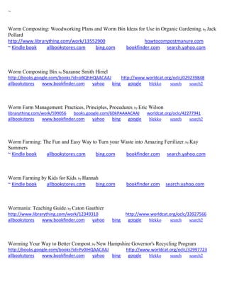 ~
Worm Composting: Woodworking Plans and Worm Bin Ideas for Use in Organic Gardening; by Jack
Pollard
http://www.librarything.com/work/13552900 howtocompostmanure.com
~ Kindle book allbookstores.com bing.com bookfinder.com search.yahoo.com
Worm Composting Bin; by Suzanne Smith Hirrel
http://books.google.com/books?id=oBQhHQAACAAJ http://www.worldcat.org/oclc/029239848
allbookstores www.bookfinder.com yahoo bing google blekko search search2
Worm Farm Management: Practices, Principles, Procedures; by Eric Wilson
librarything.com/work/599056 books.google.com/6DkPAAAACAAJ worldcat.org/oclc/42277941
allbookstores www.bookfinder.com yahoo bing google blekko search search2
Worm Farming: The Fun and Easy Way to Turn your Waste into Amazing Fertilizer; by Kay
Summers
~ Kindle book allbookstores.com bing.com bookfinder.com search.yahoo.com
Worm Farming by Kids for Kids; by Hannah
~ Kindle book allbookstores.com bing.com bookfinder.com search.yahoo.com
Wormania: Teaching Guide; by Caton Gauthier
http://www.librarything.com/work/12349310 http://www.worldcat.org/oclc/33927566
allbookstores www.bookfinder.com yahoo bing google blekko search search2
Worming Your Way to Better Compost; by New Hampshire Governor's Recycling Program
http://books.google.com/books?id=Pv0IHQAACAAJ http://www.worldcat.org/oclc/32997723
allbookstores www.bookfinder.com yahoo bing google blekko search search2
 