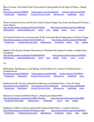 ~
Blue Covenant: The Global Water Crisis and the Coming Battle for the Right to Water; by Maude
Barlow
librarything.com/work/4288026 books.google.com/cekOaeWpSdEC worldcat.org/oclc/171614338
~ Kindle book ~ Nook book ~ Google Electronic book allbookstores bookfinder yahoo
Water Ecosystem Services and Poverty Under Climate Change: Key Issues and Research Priorities; by
James Mayers
http://books.google.com/books?id=6eJeQ17hb3UC http://www.worldcat.org/oclc/619842168
allbookstores www.bookfinder.com yahoo bing google blekko search search2
Convenient Solutions for an Inconvenient Truth: Ecosystem-Based Approaches to Climate Change
http://books.google.com/books?id=kFIuSTpW4_sC http://www.worldcat.org/oclc/435421636
~ Kindle book ~ Google Electronic book allbookstores bookfinder yahoo bing google
Ripples of the Society: People's Movements in Watershed Development in India; by Gandhi Peace
Foundation
http://books.google.com/books?id=hI9KAAAAYAAJ http://www.worldcat.org/oclc/43356441
allbookstores www.bookfinder.com yahoo bing google blekko search search2
<>
Bottlemania: Big Business, Local Springs, and the Battle over America’s Drinking Water; by
Elizabeth Royte
librarything.com/work/5090286 books.google.com/yIz0BsS5l80C worldcat.org/oclc/179789550
~ Kindle book ~ Nook book ~ Google Electronic book allbookstores bookfinder yahoo
Bottled and Sold: The Story Behind Our Obsession with Bottled Water; by Peter H. Gleick
librarything.com/work/9834916 books.google.com/ZY7olU0GqCQC worldcat.org/oclc/468856480
~ Kindle book ~ Nook book ~ Google Electronic book allbookstores bookfinder yahoo
Bacteria in Commercial Bottled Waters; by Maud Louise Mason Obst
http://books.google.com/books?id=tfMO_CRFpSwC http://www.worldcat.org/oclc/16530965
~ Google Electronic book allbookstores bookfinder search bing google
Bisphenol A (BPA) in Plastics and Possible Human Health Effects; by Linda-Jo Schierow
http://books.google.com/books?id=9hRi3ow_Kk4C http://www.worldcat.org/oclc/658205021
~ Kindle book ~ Google Electronic book allbookstores bookfinder yahoo bing google
 