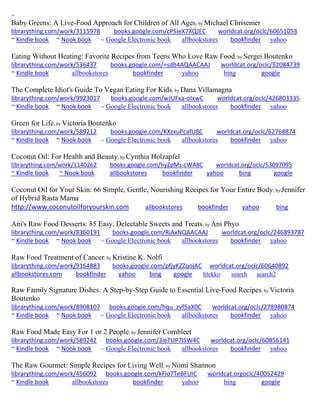 ~
Baby Greens: A Live-Food Approach for Children of All Ages; by Michael Chrisemer
librarything.com/work/3115978 books.google.com/cP5ieX7XQJEC worldcat.org/oclc/60651053
~ Kindle book ~ Nook book ~ Google Electronic book allbookstores bookfinder yahoo
Eating Without Heating: Favorite Recipes from Teens Who Love Raw Food; by Sergei Boutenko
librarything.com/work/536437 books.google.com/=sdb4AQAACAAJ worldcat.org/oclc/52084739
~ Kindle book allbookstores bookfinder yahoo bing google
The Complete Idiot's Guide To Vegan Eating For Kids; by Dana Villamagna
librarything.com/work/9923017 books.google.com/wJUFxa-oIxwC worldcat.org/oclc/426803335
~ Kindle book ~ Nook book ~ Google Electronic book allbookstores bookfinder yahoo
Green for Life; by Victoria Boutenko
librarything.com/work/589212 books.google.com/KXzxuPcafU8C worldcat.org/oclc/62768874
~ Kindle book ~ Nook book ~ Google Electronic book allbookstores bookfinder yahoo
Coconut Oil: For Health and Beauty; by Cynthia Holzapfel
librarything.com/work/1140262 books.google.com/hyZpMs-cWA8C worldcat.org/oclc/53097095
~ Kindle book ~ Nook book allbookstores bookfinder yahoo bing google
Coconut Oil for Your Skin: 66 Simple, Gentle, Nourishing Recipes for Your Entire Body; by Jennifer
of Hybrid Rasta Mama
http://www.coconutoilforyourskin.com allbookstores bookfinder yahoo bing
Ani's Raw Food Desserts: 85 Easy, Delectable Sweets and Treats; by Ani Phyo
librarything.com/work/8360191 books.google.com/RjAxNQAACAAJ worldcat.org/oclc/246893787
~ Kindle book ~ Nook book ~ Google Electronic book allbookstores bookfinder yahoo
Raw Food Treatment of Cancer; by Kristine K. Nolfi
librarything.com/work/9164883 books.google.com/pfjyKZZqojAC worldcat.org/oclc/60640892
allbookstores.com bookfinder yahoo bing google blekko search search2
Raw Family Signature Dishes: A Step-by-Step Guide to Essential Live-Food Recipes; by Victoria
Boutenko
librarything.com/work/8908107 books.google.com/hqu_zvf5aX0C worldcat.org/oclc/278980874
~ Kindle book ~ Nook book ~ Google Electronic book allbookstores bookfinder yahoo
Raw Food Made Easy For 1 or 2 People; by Jennifer Cornbleet
librarything.com/work/589242 books.google.com/3ieTUP7ISW4C worldcat.org/oclc/60856141
~ Kindle book ~ Nook book ~ Google Electronic book allbookstores bookfinder yahoo
The Raw Gourmet: Simple Recipes for Living Well; by Nomi Shannon
librarything.com/work/456092 books.google.com/kFio7TeBFUIC worldcat.orgoclc/40052429
~ Kindle book allbookstores bookfinder yahoo bing google
 