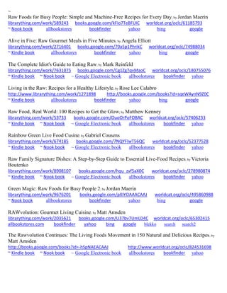 ~
Raw Foods for Busy People: Simple and Machine-Free Recipes for Every Day; by Jordan Maerin
librarything.com/work/589243 books.google.com/kFio7TeBFUIC worldcat.org/oclc/61185793
~ Nook book allbookstores bookfinder yahoo bing google
Alive in Five: Raw Gourmet Meals in Five Minutes; by Angela Elliott
librarything.com/work/2716401 books.google.com/70a5p1PhrikC worldcat.org/oclc/74988034
~ Kindle book allbookstores bookfinder yahoo bing google
The Complete Idiot's Guide to Eating Raw; by Mark Reinfeld
librarything.com/work/7631075 books.google.com/Cg1Zg7qvMaoC worldcat.org/oclc/180755076
~ Kindle book ~ Nook book ~ Google Electronic book allbookstores bookfinder yahoo
Living in the Raw: Recipes for a Healthy Lifestyle; by Rose Lee Calabro
http://www.librarything.com/work/1271898 http://books.google.com/books?id=sqeWAynN9Z0C
~ Kindle book allbookstores bookfinder yahoo bing google
Raw Food, Real World: 100 Recipes to Get the Glow; by Matthew Kenney
librarything.com/work/53733 books.google.com/OuoOrPoFOBAC worldcat.org/oclc/57406233
~ Kindle book ~ Nook book ~ Google Electronic book allbookstores bookfinder yahoo
Rainbow Green Live Food Cusine; by Gabriel Cousens
librarything.com/work/674185 books.google.com/7NQYFlwT56QC worldcat.org/oclc/52377528
~ Kindle book ~ Nook book ~ Google Electronic book allbookstores bookfinder yahoo
Raw Family Signature Dishes: A Step-by-Step Guide to Essential Live-Food Recipes; by Victoria
Boutenko
librarything.com/work/8908107 books.google.com/hqu_zvf5aX0C worldcat.org/oclc/278980874
~ Kindle book ~ Nook book ~ Google Electronic book allbookstores bookfinder yahoo
Green Magic: Raw Foods for Busy People 2; by Jordan Maerin
librarything.com/work/9676201 books.google.com/pXIYOAAACAAJ worldcat.org/oclc/495860988
~ Nook book allbookstores bookfinder yahoo bing google
RAWvolution: Gourmet Living Cuisine; by Matt Amsden
librarything.com/work/2035621 books.google.com/U37bv7UmLD4C worldcat.org/oclc/65302415
allbookstores.com bookfinder yahoo bing google blekko search search2
The Rawvolution Continues: The Living Foods Movement in 150 Natural and Delicious Recipes; by
Matt Amsden
http://books.google.com/books?id=-hSpNAEACAAJ http://www.worldcat.org/oclc/824531698
~ Kindle book ~ Nook book ~ Google Electronic book allbookstores bookfinder yahoo
 