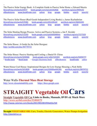 ~
The Passive Solar Energy Book: A Complete Guide to Passive Solar Home; by Edward Mazria
librarything.com/work/24477 books.google.com/zw1cbI5AxNQC worldcat.org/oclc/4494142
allbookstores www.bookfinder.com yahoo bing google blekko search search2
The Passive Solar House (Real Goods Independent Living Books); by James Kachadorian
librarything.com/work/679381 books.google.com/ul91LGRnIjIC worldcat.org/oclc/36656365
allbookstores www.bookfinder.com yahoo bing google blekko search search2
The Solar Heating Design Process: Active and Passive Systems; by Jan F. Kreider
librarything.com/work/572293 books.google.com/UptSAAAAMAAJ worldcat.org/oclc/7277503
allbookstores www.bookfinder.com yahoo bing google blekko search search2
The Solar House: A Guide for the Solar Designer
http://scribd.com/doc/86770721
The Solar House: Passive Heating and Cooling; by Daniel D. Chiras
librarything.com/work/1030466 books.google.com/-eOjU7j3VHEC worldcat.org/oclc/50494777
~ Kindle book ~ Nook book ~ Google Electronic book allbookstores bookfinder yahoo
Warm House Cool House: Inspirational Designs for Low-Energy Housing; by Nick Hollo
librarything.com/work/1653828 books.google.com/JGW8XwAACAAJ worldcat.org/oclc/38374711
allbookstores www.bookfinder.com yahoo bing google blekko search search2
Water Walls-Thermal Mass Heat Storage
http://www.slosustainability.com https://docs.google.com
STRAIGHT Vegetable Oil Cars
Straight Vegetable Oil Car Links to Books, Manuals, DVD's & Much More
http://www.scribd.com/doc/93406879
http://www.calameo.com/books/00139810833f44e83a7d4
Straight VEGETABLE OIL Cars, Trucks, Electric Generators, Water Pumps-Irrigation
http://plantdrive.ca
 