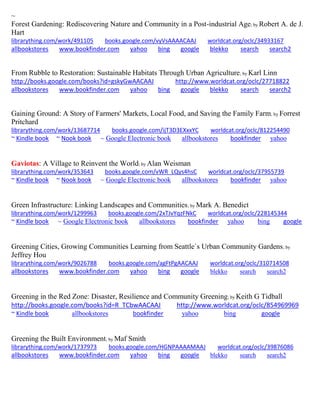 ~
Forest Gardening: Rediscovering Nature and Community in a Post-industrial Age; by Robert A. de J.
Hart
librarything.com/work/491105 books.google.com/vyVsAAAACAAJ worldcat.org/oclc/34933167
allbookstores www.bookfinder.com yahoo bing google blekko search search2
From Rubble to Restoration: Sustainable Habitats Through Urban Agriculture; by Karl Linn
http://books.google.com/books?id=gskyGwAACAAJ http://www.worldcat.org/oclc/27718822
allbookstores www.bookfinder.com yahoo bing google blekko search search2
Gaining Ground: A Story of Farmers' Markets, Local Food, and Saving the Family Farm; by Forrest
Pritchard
librarything.com/work/13687714 books.google.com/ijT3D3EXxxYC worldcat.org/oclc/812254490
~ Kindle book ~ Nook book ~ Google Electronic book allbookstores bookfinder yahoo
Gaviotas: A Village to Reinvent the World; by Alan Weisman
librarything.com/work/353643 books.google.com/vWR_LQys4hsC worldcat.org/oclc/37955739
~ Kindle book ~ Nook book ~ Google Electronic book allbookstores bookfinder yahoo
Green Infrastructure: Linking Landscapes and Communities; by Mark A. Benedict
librarything.com/work/1299963 books.google.com/2xTJvYqzFNkC worldcat.org/oclc/228145344
~ Kindle book ~ Google Electronic book allbookstores bookfinder yahoo bing google
Greening Cities, Growing Communities Learning from Seattle`s Urban Community Gardens; by
Jeffrey Hou
librarything.com/work/9026788 books.google.com/agFtPgAACAAJ worldcat.org/oclc/310714508
allbookstores www.bookfinder.com yahoo bing google blekko search search2
Greening in the Red Zone: Disaster, Resilience and Community Greening; by Keith G Tidball
http://books.google.com/books?id=R_TCbwAACAAJ http://www.worldcat.org/oclc/854969969
~ Kindle book allbookstores bookfinder yahoo bing google
Greening the Built Environment; by Maf Smith
librarything.com/work/1737973 books.google.com/HGNPAAAAMAAJ worldcat.org/oclc/39876086
allbookstores www.bookfinder.com yahoo bing google blekko search search2
 