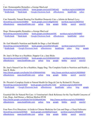 ~
Cats: Homoeopathic Remedies; by George MacLeod
librarything.com/work/1108571 books.google.com/cyUDTTMElaQC worldcat.org/oclc/62889398
~ Kindle book ~ Nook book ~ Google Electronic book allbookstores bookfinder yahoo
Cats Naturally: Natural Rearing For Healthier Domestic Cats; by Juliette de Bairacli Levy
librarything.com/work/2418842 books.google.com/2-JkQgAACAAJ worldcat.org/oclc/28587016
allbookstores www.bookfinder.com yahoo bing google blekko search search2
Dogs: Homoeopathic Remedies; by George MacLeod
librarything.com/work/1136015 books.google.com/8xeLUeIFJfIC worldcat.org/oclc/60794887
~ Kindle book ~ Nook book ~ Google Electronic book allbookstores bookfinder yahoo
Dr. Earl Mindell's Nutrition and Health for Dogs; by Earl Mindell
librarything.com/work/4452635 books.google.com/e4VbrVdTyqkC worldcat.org/oclc/171151674
~ Kindle book ~ Google Electronic book allbookstores bookfinder yahoo bing google
Dr. Jane's 30 Days to a Healthier, Happier Cat; by Jane Bicks
librarything.com/work/2544656 books.google.com/UStWAAAAYAAJ worldcat.org/oclc/36011655
allbookstores www.bookfinder.com yahoo bing google blekko search search2
Dr. Jane's Natural Care for a Healthier, Happy Dog: The Complete Guide to Nutrition and Health; by
Jane R. Bicks
http://books.google.com/books?id=xClWAAAAYAAJ http://www.worldcat.org/oclc/40200669
allbookstores www.bookfinder.com yahoo bing google blekko search search2
Dr. Pitcairn's Complete Guide to Natural Health for Dogs & Cats by Richard H. Pitcairn
librarything.com/work/223829 books.google.com/tEsoP6-T1tAC worldcat.org/oclc/60375498
~ Kindle book ~ Google Electronic book allbookstores bookfinder yahoo bing google
Essential Oils for Natural Pet Care: A Veterinarian's Desk Reference for the Top Health Concerns of
Cats, Dogs, And Horses; by Melissa Shelton DVM
http://books.google.com/books?id=SU5XXwAACAAJ http://www.worldcat.org/oclc/793688829
allbookstores www.bookfinder.com yahoo bing google blekko search search2
Four Paws Five Directions: A Guide to Chinese Medicine for Cats and Dogs; by Cheryl Schwartz
librarything.com/work/697826 books.google.com/QkIK2pTUapcC worldcat.org/oclc/34564830
allbookstores www.bookfinder.com yahoo bing google blekko search search2
 