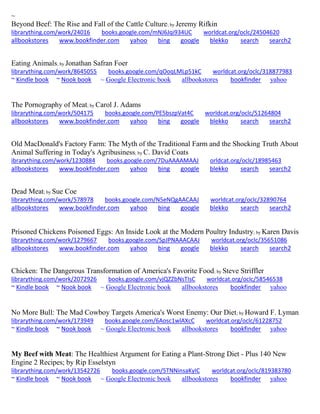 ~
Beyond Beef: The Rise and Fall of the Cattle Culture; by Jeremy Rifkin
librarything.com/work/24016 books.google.com/mNJ6Jqi934UC worldcat.org/oclc/24504620
allbookstores www.bookfinder.com yahoo bing google blekko search search2
Eating Animals; by Jonathan Safran Foer
librarything.com/work/8645055 books.google.com/qOoqLMLp51kC worldcat.org/oclc/318877983
~ Kindle book ~ Nook book ~ Google Electronic book allbookstores bookfinder yahoo
The Pornography of Meat; by Carol J. Adams
librarything.com/work/504175 books.google.com/PE5bszpVat4C worldcat.org/oclc/51264804
allbookstores www.bookfinder.com yahoo bing google blekko search search2
Old MacDonald's Factory Farm: The Myth of the Traditional Farm and the Shocking Truth About
Animal Suffering in Today's Agribusiness; by C. David Coats
ibrarything.com/work/1230884 books.google.com/7DuAAAAMAAJ orldcat.org/oclc/18985463
allbookstores www.bookfinder.com yahoo bing google blekko search search2
Dead Meat; by Sue Coe
librarything.com/work/578978 books.google.com/N5eNQgAACAAJ worldcat.org/oclc/32890764
allbookstores www.bookfinder.com yahoo bing google blekko search search2
Prisoned Chickens Poisoned Eggs: An Inside Look at the Modern Poultry Industry; by Karen Davis
librarything.com/work/1279667 books.google.com/SpJPNAAACAAJ worldcat.org/oclc/35651086
allbookstores www.bookfinder.com yahoo bing google blekko search search2
Chicken: The Dangerous Transformation of America's Favorite Food; by Steve Striffler
librarything.com/work/2072926 books.google.com/vjQZZbNsTIsC worldcat.org/oclc/58546538
~ Kindle book ~ Nook book ~ Google Electronic book allbookstores bookfinder yahoo
No More Bull: The Mad Cowboy Targets America's Worst Enemy: Our Diet; by Howard F. Lyman
librarything.com/work/173949 books.google.com/6Aosc1wlAXcC worldcat.org/oclc/61228752
~ Kindle book ~ Nook book ~ Google Electronic book allbookstores bookfinder yahoo
My Beef with Meat: The Healthiest Argument for Eating a Plant-Strong Diet - Plus 140 New
Engine 2 Recipes; by Rip Esselstyn
librarything.com/work/13542726 books.google.com/5TNNinsaKyIC worldcat.org/oclc/819383780
~ Kindle book ~ Nook book ~ Google Electronic book allbookstores bookfinder yahoo
 