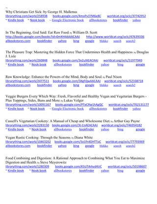 ~
Why Christians Get Sick: by George H. Malkmus
librarything.com/work/258938 books.google.com/4moPv37M6e8C worldcat.org/oclc/37742952
~ Kindle book ~ Nook book ~ Google Electronic book allbookstores bookfinder yahoo
In The Beginning, God Said: Eat Raw Food; by William D. Scott
http://books.google.com/books?id=0mKHAAAACAAJ http://www.worldcat.org/oclc/47639336
allbookstores.com bookfinder yahoo bing google blekko search search2
The Pleasure Trap: Mastering the Hidden Force That Undermines Health and Happiness; by Douglas
J. Lisle
librarything.com/work/260848 books.google.com/3x2ulAEACAAJ worldcat.org/oclc/51977949
~ Kindle book ~ Nook book allbookstores bookfinder yahoo bing google
Raw Knowledge: Enhance the Powers of the Mind, Body and Soul; by Paul Nison
librarything.com/work/2477511 books.google.com/3XgFQwAACAAJ worldcat.org/oclc/52338718
allbookstores.com bookfinder yahoo bing google blekko search search2
Veggie Burgers Every Which Way: Fresh, Flavorful and Healthy Vegan and Vegetarian Burgers -
Plus Toppings, Sides, Buns and More; by Lukas Volger
librarything.com/work/10091167 books.google.com/PTeCRw1hAgQC worldcat.org/oclc/762131177
~ Kindle book ~ Nook book ~ Google Electronic book allbookstores bookfinder yahoo
Cassell's Vegetarian Cookery: A Manual of Cheap and Wholesome Diet; by Arthur Gay Payne
librarything.com/work/2283150 books.google.com/3t-CnAEACAAJ worldcat.org/oclc/746954182
~ Kindle book ~ Nook book allbookstores bookfinder yahoo bing google
Vegan Rustic Cooking: Through the Seasons; by Diana White
librarything.com/work/10463202 books.google.com/5o1fn4DHTToC worldcat.org/oclc/77793969
allbookstores.com bookfinder yahoo bing google blekko search search2
Food Combining and Digestion: A Rational Approach to Combining What You Eat to Maximize
Digestion and Health; by Steve Meyerowitz
librarything.com/work/1280309 books.google.com/K5UTArkvd4UC worldcat.org/oclc/50198607
~ Kindle book ~ Nook book allbookstores bookfinder yahoo bing google
 