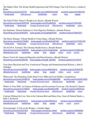 ~
The Maker's Diet: The 40-day Health Experience that Will Change Your Life Forever; by Jordan S
Rubin
librarything.com/work/72734 books.google.com/ci9XW7eEhUMC worldcat.org/oclc/414465316
~ Kindle book allbookstores bookfinder yahoo bing google
The Fiber35 Diet: Nature's Weight Loss Secret; by Brenda Watson
librarything.com/work/2587798 books.google.com/K7ILy8SffoEC worldcat.org/oclc/77011495
~ Kindle book ~ Nook book ~ Google Electronic book allbookstores bookfinder yahoo
Gut Solutions: Natural Solutions to Your Digestive Problems; by Brenda Watson
librarything.com/work/462853 books.google.com/ZygkkgEACAAJ worldcat.org/oclc/54833275
The Detox Strategy: Vibrant Health in 5 Easy Steps; by Brenda Watson
librarything.com/work/7769861 books.google.com/ftUaDOoMYYQC worldcat.org/oclc/177821705
~ Kindle book ~ Nook book ~ Google Electronic book allbookstores bookfinder yahoo
The H.O.P.E. Formula: The Ultimate Health Secret; by Brenda Watson
librarything.com/work/2985705 books.google.com/V-EnkgEACAAJ worldcat.org/oclc/122941162
allbookstores.com bookfinder yahoo bing google blekko search search2
Renew Your Life: Improved Digestion and Detoxification; by Brenda Watson
librarything.com/work/382198 books.google.com/gjjB_ipbtOAC worldcat.org/oclc/51176579
Your Inner Physician and You: Craniosacral Therapy and Somatoemotional Release; by John E.
Upledger
librarything.com/work/301895 books.google.com/eouBWLtQvFcC worldcat.org/oclc/35924720
allbookstores.com bookfinder yahoo bing google blekko search search2
Whitewash: The Disturbing Truth About Cow's Milk and Your Health; by Joseph Keon
librarything.com/work/10598720 books.google.com/xrJHONg4PZMC worldcat.org/oclc/659173654
~ Kindle book ~ Nook book ~ Google Electronic book allbookstores bookfinder yahoo
What's in Your Milk: An Expose of Industry and Government Cover-up; by By Samuel S. Epstein
librarything.com/work/11768357 books.google.com/KkiidiBLwIMC worldcat.org/oclc/76870118
~ Kindle book ~ Nook book ~ Google Electronic book allbookstores bookfinder yahoo
Calcium Without the Cow: How to be Calcium-Rich and Dairy-Free, Tasty all Natural Meals; by
Sally J. Rockwell
librarything.com/work/4102213 books.google.com/8m7KRfxkS5cC worldcat.org/oclc/41847654
allbookstores.com bookfinder yahoo bing google blekko search search2
Cheesemonger: A Life on the Wedge; by Gordon Edgar
librarything.com/work/9237467 books.google.com/poviEQ_K8ukC worldcat.org/oclc/436866905
~ Kindle book ~ Nook book ~ Google Electronic book allbookstores bookfinder yahoo
 