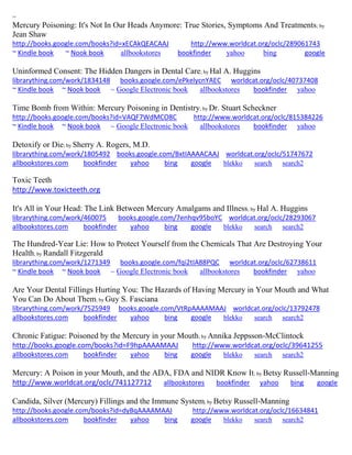 ~
Mercury Poisoning: It's Not In Our Heads Anymore: True Stories, Symptoms And Treatments; by
Jean Shaw
http://books.google.com/books?id=xECAkQEACAAJ http://www.worldcat.org/oclc/289061743
~ Kindle book ~ Nook book allbookstores bookfinder yahoo bing google
Uninformed Consent: The Hidden Dangers in Dental Care; by Hal A. Huggins
librarything.com/work/1834148 books.google.com/ePkelycnYAEC worldcat.org/oclc/40737408
~ Kindle book ~ Nook book ~ Google Electronic book allbookstores bookfinder yahoo
Time Bomb from Within: Mercury Poisoning in Dentistry; by Dr. Stuart Scheckner
http://books.google.com/books?id=VAQF7WdMCO8C http://www.worldcat.org/oclc/815384226
~ Kindle book ~ Nook book ~ Google Electronic book allbookstores bookfinder yahoo
Detoxify or Die; by Sherry A. Rogers, M.D.
librarything.com/work/1805492 books.google.com/BxtIAAAACAAJ worldcat.org/oclc/51747672
allbookstores.com bookfinder yahoo bing google blekko search search2
Toxic Teeth
http://www.toxicteeth.org
It's All in Your Head: The Link Between Mercury Amalgams and Illness; by Hal A. Huggins
librarything.com/work/460075 books.google.com/7enhqv95boYC worldcat.org/oclc/28293067
allbookstores.com bookfinder yahoo bing google blekko search search2
The Hundred-Year Lie: How to Protect Yourself from the Chemicals That Are Destroying Your
Health; by Randall Fitzgerald
librarything.com/work/1271349 books.google.com/fqi2tIA88PQC worldcat.org/oclc/62738611
~ Kindle book ~ Nook book ~ Google Electronic book allbookstores bookfinder yahoo
Are Your Dental Fillings Hurting You: The Hazards of Having Mercury in Your Mouth and What
You Can Do About Them; by Guy S. Fasciana
librarything.com/work/7525949 books.google.com/VtRpAAAAMAAJ worldcat.org/oclc/13792478
allbookstores.com bookfinder yahoo bing google blekko search search2
Chronic Fatigue: Poisoned by the Mercury in your Mouth; by Annika Jeppsson-McClintock
http://books.google.com/books?id=F9hpAAAAMAAJ http://www.worldcat.org/oclc/39641255
allbookstores.com bookfinder yahoo bing google blekko search search2
Mercury: A Poison in your Mouth, and the ADA, FDA and NIDR Know It; by Betsy Russell-Manning
http://www.worldcat.org/oclc/741127712 allbookstores bookfinder yahoo bing google
Candida, Silver (Mercury) Fillings and the Immune System; by Betsy Russell-Manning
http://books.google.com/books?id=dyBqAAAAMAAJ http://www.worldcat.org/oclc/16634841
allbookstores.com bookfinder yahoo bing google blekko search search2
 