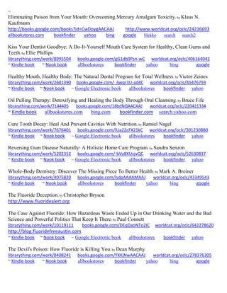 ~
Eliminating Poison from Your Mouth: Overcoming Mercury Amalgam Toxicity; by Klaus N.
Kaufmann
http://books.google.com/books?id=CwDoygAACAAJ http://www.worldcat.org/oclc/24216693
allbookstores.com bookfinder yahoo bing google blekko search search2
Kiss Your Dentist Goodbye: A Do-It-Yourself Mouth Care System for Healthy, Clean Gums and
Teeth; by Ellie Phillips
librarything.com/work/8995504 books.google.com/gG1db9Psn-wC worldcat.org/oclc/406164042
~ Kindle book ~ Nook book allbookstores bookfinder yahoo bing google
Healthy Mouth, Healthy Body: The Natural Dental Program for Total Wellness; by Victor Zeines
librarything.com/work/2601390 books.google.com/_4wqr3U-ad4C worldcat.org/oclc/45476793
~ Kindle book ~ Nook book ~ Google Electronic book allbookstores bookfinder yahoo
Oil Pulling Therapy: Detoxifying and Healing the Body Through Oral Cleansing; by Bruce Fife
librarything.com/work/7144405 books.google.com/18bdNQAACAAJ worldcat.org/oclc/220421334
~ Kindle book allbookstores.com bing.com bookfinder.com search.yahoo.com
Cure Tooth Decay: Heal And Prevent Cavities With Nutrition; by Ramiel Nagel
librarything.com/work/7676401 books.google.com/lUa22cFX21kC worldcat.org/oclc/301230880
~ Kindle book ~ Nook book ~ Google Electronic book allbookstores bookfinder yahoo
Reversing Gum Disease Naturally: A Holistic Home Care Program; by Sandra Senzon
librarything.com/work/5202352 books.google.com/-bVy8XUxjvQC worldcat.org/oclc/52630837
~ Kindle book ~ Nook book ~ Google Electronic book allbookstores bookfinder yahoo
Whole-Body Dentistry: Discover The Missing Piece To Better Health; by Mark A. Breiner
librarything.com/work/4075820 books.google.com/lsdpAAAAMAAJ worldcat.org/oclc/43349543
~ Kindle book ~ Nook book allbookstores bookfinder yahoo bing google
The Fluoride Deception; by Christopher Bryson
http://www.fluoridealert.org
The Case Against Fluoride: How Hazardous Waste Ended Up in Our Drinking Water and the Bad
Science and Powerful Politics That Keep It There; by Paul Connett
librarything.com/work/10119111 books.google.com/DEqDaoNTo2IC worldcat.org/oclc/642278620
http://blog.fluoridefreeaustin.com
~ Kindle book ~ Nook book ~ Google Electronic book allbookstores bookfinder yahoo
The Devil's Poison: How Fluoride is Killing You; by Dean Murphy
librarything.com/work/8408241 books.google.com/YXKjNwAACAAJ worldcat.org/oclc/278376305
~ Kindle book ~ Nook book allbookstores bookfinder yahoo bing google
 