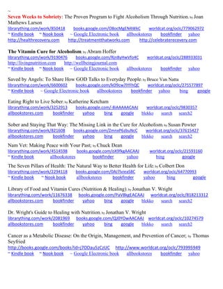 ~
Seven Weeks to Sobriety: The Proven Program to Fight Alcoholism Through Nutrition; by Joan
Mathews Larson
librarything.com/work/850418 books.google.com/O8ocMgEN4WkC worldcat.org/oclc/779062972
~ Kindle book ~ Nook book ~ Google Electronic book allbookstores bookfinder yahoo
http://healthrecovery.com http://treatmentthatworks.com http://celebraterecovery.com
The Vitamin Cure for Alcoholism; by Abram Hoffer
librarything.com/work/9190476 books.google.com/Rjn8yHwVfo4C worldcat.org/oclc/288933031
http://livingnutrition.com http://wellbeingjournal.com
~ Kindle book ~ Nook book ~ Google Electronic book allbookstores bookfinder yahoo
Saved by Angels: To Share How GOD Talks to Everyday People; by Bruce Van Natta
librarything.com/work/6600602 books.google.com/kO9cw7lYFhQC worldcat.org/oclc/275577897
~ Kindle book ~ Google Electronic book allbookstores bookfinder yahoo bing google
Eating Right to Live Sober; by Katherine Ketcham
librarything.com/work/3252913 books.google.com/-8iAAAAACAAJ worldcat.org/oclc/9830357
allbookstores.com bookfinder yahoo bing google blekko search search2
Sober and Staying That Way: The Missing Link in the Cure for Alcoholism; by Susan Powter
librarything.com/work/821608 books.google.com/ZmnxP6zbuNcC worldcat.org/oclc/37615427
allbookstores.com bookfinder yahoo bing google blekko search search2
Nam Vet: Making Peace with Your Past; by Chuck Dean
librarything.com/work/4514598 books.google.com/oX9fkgAACAAJ worldcat.org/oclc/21593160
~ Kindle book allbookstores bookfinder yahoo bing google
The Seven Pillars of Health: The Natural Way to Better Health for Life; by Colbert Don
librarything.com/work/2294118 books.google.com/0AJ7lvieaS8C worldcat.org/oclc/64770993
~ Kindle book ~ Nook book allbookstores bookfinder yahoo bing google
Library of Food and Vitamin Cures (Nutrition & Healing); by Jonathan V. Wright
librarything.com/work/11676338 books.google.com/PaV8kgEACAAJ worldcat.org/oclc/818213312
allbookstores.com bookfinder yahoo bing google blekko search search2
Dr. Wright's Guide to Healing with Nutrition; by Jonathan V. Wright
librarything.com/work/2081969 books.google.com/QJ0YOwAACAAJ worldcat.org/oclc/10274579
allbookstores.com bookfinder yahoo bing google blekko search search2
Cancer as a Metabolic Disease: On the Origin, Management, and Prevention of Cancer; by Thomas
Seyfried
http://books.google.com/books?id=j7ODau5zCzUC http://www.worldcat.org/oclc/793995949
~ Kindle book ~ Nook book ~ Google Electronic book allbookstores bookfinder yahoo
 