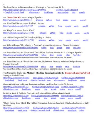 ~
The Food Factor in Disease; by Francis Washington Everard Hare, M. D.
http://books.google.com/books?id=zgA1AQAAMAAJ worldcat.org/oclc/1620178
~ Google Electronic Book allbookstores bookfinder search.yahoo bing google
dvd: Super Size Me; director: Morgan Spurlock
http://worldcat.org/oclc/5658213 amazon yahoo bing google search search2
dvd: Fast Food Nation; director: Richard Linklater
http://worldcat.org/oclc/77539187 amazon yahoo bing google search search2
dvd: King Corn; director: Aaron Woolf
http://worldcat.org/oclc/213373700 amazon yahoo bing google search search2
dvd: Hidden Dangers in Kids' Meals; by Jeffrey M. Smith
http://worldcat.org/oclc/173167981 amazon yahoo bing google search search2
dvd: Killer at Large, Why obesity is America's greatest threat; director: Steven Greenstreet
http://www.worldcat.org/oclc/317962830 yahoo bing google eBay YouTube
dvd: Super Size Me: An Educational Tool of Epic Portions: Grades 6-12; by Morgan Spurlock
http://www.worldcat.org/oclc/251837831 yahoo bing google eBay YouTube
You can either rent or download this movie from various locations around the world.
dvd: Super Size Me: A Film of Epic Portions, McDonalds Fastfood and Over Weight Issues; by
Morgan Spurlock
http://www.worldcat.org/oclc/680652409 yahoo bing google eBay YouTube
You can either rent or download this movie from various locations around the world.
The Unhealthy Truth: One Mother's Shocking Investigation into the Dangers of America's Food
Supply; by Rachel Kranz
librarything.com/work/10215853 books.google.com/Lrtuyrh8h2gC worldcat.org/oclc/462880202
~ Kindle book ~ Nook book ~ Google Electronic book allbookstores bookfinder yahoo
Guess What Came to Dinner: Parasites and Your Health; by Ann Louise Gittleman
librarything.com/work/2395722 books.google.com/CgA8AjjGwD0C worldcat.org/oclc/45668924
allbookstores.com bookfinder yahoo bing google blekko search search2
Pesticide Alert: A Guide to Pesticides in Fruits and Vegetables; by Lawrie Mott
librarything.com/work/7535180 books.google.com/X5NKAAAAYAAJ worldcat.org/oclc/17106638
allbookstores.com bookfinder yahoo bing google blekko search search2
What's Eating Your Child: The Hidden Connection Between Food and Childhood Ailments; by Kelly
Dorfman
librarything.com/work/11177265 books.google.com/KKjHk-fSwlEC worldcat.org/oclc/713890196
~ Kindle book ~ Nook book ~ Google Electronic book allbookstores bookfinder yahoo
 