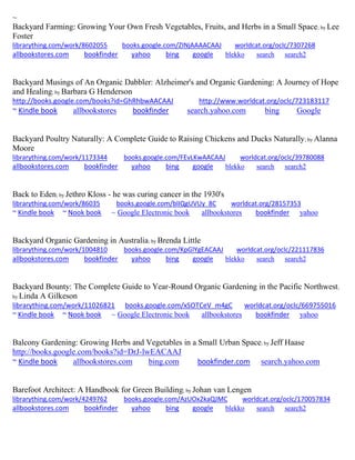 ~
Backyard Farming: Growing Your Own Fresh Vegetables, Fruits, and Herbs in a Small Space; by Lee
Foster
librarything.com/work/8602055 books.google.com/ZINjAAAACAAJ worldcat.org/oclc/7307268
allbookstores.com bookfinder yahoo bing google blekko search search2
Backyard Musings of An Organic Dabbler: Alzheimer's and Organic Gardening: A Journey of Hope
and Healing; by Barbara G Henderson
http://books.google.com/books?id=GhRhbwAACAAJ http://www.worldcat.org/oclc/723183117
~ Kindle book allbookstores bookfinder search.yahoo.com bing Google
Backyard Poultry Naturally: A Complete Guide to Raising Chickens and Ducks Naturally; by Alanna
Moore
librarything.com/work/1173344 books.google.com/FEvLKwAACAAJ worldcat.org/oclc/39780088
allbookstores.com bookfinder yahoo bing google blekko search search2
Back to Eden; by Jethro Kloss - he was curing cancer in the 1930's
librarything.com/work/86035 books.google.com/blIQgUVUy_8C worldcat.org/28157353
~ Kindle book ~ Nook book ~ Google Electronic book allbookstores bookfinder yahoo
Backyard Organic Gardening in Australia; by Brenda Little
librarything.com/work/1004810 books.google.com/KpGlYgEACAAJ worldcat.org/oclc/221117836
allbookstores.com bookfinder yahoo bing google blekko search search2
Backyard Bounty: The Complete Guide to Year-Round Organic Gardening in the Pacific Northwest;
by Linda A Gilkeson
librarything.com/work/11026821 books.google.com/xSOTCeV_m4gC worldcat.org/oclc/669755016
~ Kindle book ~ Nook book ~ Google Electronic book allbookstores bookfinder yahoo
Balcony Gardening: Growing Herbs and Vegetables in a Small Urban Space; by Jeff Haase
http://books.google.com/books?id=DrJ-lwEACAAJ
~ Kindle book allbookstores.com bing.com bookfinder.com search.yahoo.com
Barefoot Architect: A Handbook for Green Building; by Johan van Lengen
librarything.com/work/4249762 books.google.com/AzUOx2kaQJMC worldcat.org/oclc/170057834
allbookstores.com bookfinder yahoo bing google blekko search search2
 