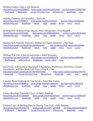 ~
Building Chicken Coops; by Gail Damerow
librarything.com/work/1868647 books.google.com/wKmmjNTaYz4C worldcat.org/oclc/45651169
~ Kindle book ~ Nook book ~ Google Electronic book allbookstores bookfinder yahoo
Building Commons and Community; by Karl Linn
librarything.com/work/4406621 books.google.com/4jGcRmZcKacC worldcat.org/oclc/123485433
allbookstores.com bookfinder yahoo bing google blekko search search2
Building Soils for Better Crops: Organic Matter Management; by Fred Magdoff
librarything.com/work/5971806 books.google.com/DN84AQAAIAAJ worldcat.org/oclc/823514452
allbookstores.com bookfinder yahoo bing google blekko search search2
Building Soils Naturally: Innovative Methods for Organic Gardeners; by Phil Nauta
http://books.google.com/books?id=aJdtMAEACAAJ http://www.worldcat.org/oclc/807332486
allbookstores.com bookfinder yahoo bing google blekko search search2
Building With Cob: A Step-by-step Guide; by Adam Weismann
librarything.com/work/1103587 books.google.com/ri45AQAAIAAJ worldcat.org/oclc/66901843
~ Kindle book allbookstores bookfinder search.yahoo bing
Bush-Fruits: A Horticultural Monograph of Raspberries, Blackberries, Dewberries, Currants,
Gooseberries, and Other Shrub-Like Fruits; by Fred W. Card
http://books.google.com/books?id=NHP3f3W2hH0C http://www.worldcat.org/oclc/3547720
~ Nook book ~ Google Electronic book allbookstores bookfinder yahoo bing google
Canadian Home Gardening the Year 'round; by Alden Blair Cutting
librarything.com/work/6809412 books.google.com/2yYnmgEACAAJ worldcat.org/oclc/38915212
allbookstores.com bookfinder yahoo bing google blekko search search2
Charles Dowding's Vegetable Course; by Charles Dowding
librarything.com/work/12309906 books.google.com/IPeNZwEACAAJ worldcat.org/oclc/762989736
allbookstores.com bookfinder yahoo bing google blekko search search2
Chicken Coops: 45 Building Plans for Housing Your Flock; by Judy Pangman
librarything.com/work/3527170 books.google.com/GlPy_1pYvMAC worldcat.org/oclc/64624874
~ Kindle book ~ Nook book ~ Google Electronic book allbookstores bookfinder yahoo
 