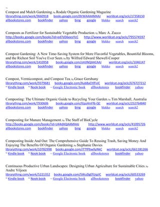 ~
Compost and Mulch Gardening; by Rodale Organic Gardening Magazine
librarything.com/work/9660918 books.google.com/0lrWAAAAMAAJ worldcat.org/oclc/17358150
allbookstores.com bookfinder yahoo bing google blekko search search2
Composts as Fertilizer for Sustainable Vegetable Production; by Marc A. Zucco
http://books.google.com/books?id=ed7d36eesYcC http://www.worldcat.org/oclc/795574597
allbookstores.com bookfinder yahoo bing google blekko search search2
Compost Gardening: A New Time-Saving System for More Flavorful Vegetables, Bountiful Blooms,
and the Richest Soil You've Ever Seen; by by Wilfred Edward Shewell-Cooper
librarything.com/work/1410958 books.google.com/oHJlNQAACAAJ worldcat.org/oclc/1046147
allbookstores.com bookfinder yahoo bing google blekko search search2
Compost, Vermicompost, and Compost Tea; by Grace Gershuny
librarything.com/work/9379681 books.google.com/Xub8aChfFsIC worldcat.org/oclc/676727212
~ Kindle book ~ Nook book ~ Google Electronic book allbookstores bookfinder yahoo
Composting: The Ultimate Organic Guide to Recycling Your Garden; by Tim Marshall, Australia
librarything.com/work/7930606 books.google.com/lGpz4mFf6-QC worldcat.org/oclc/252764840
allbookstores.com bookfinder yahoo bing google blekko search search2
Composting for Manure Management; by The Staff of BioCycle
http://books.google.com/books?id=U44dAQAAMAAJ http://www.worldcat.org/oclc/41095726
allbookstores.com bookfinder yahoo bing google blekko search search2
Composting Inside And Out: The Comprehensive Guide To Reusing Trash, Saving Money And
Enjoying The Benefits Of Organic Gardening; by Stephanie Davies
librarything.com/work/10782998 books.google.com/ITTfPbwXyNkC worldcat.org/oclc/661181266
~ Kindle book ~ Nook book ~ Google Electronic book allbookstores bookfinder yahoo
Continuous Productive Urban Landscapes: Designing Urban Agriculture for Sustainable Cities; by
Andre Viljoen
librarything.com/work/5221352 books.google.com/SWuDgEfUqzIC worldcat.org/oclc/60533269
~ Kindle book ~ Nook book ~ Google Electronic book allbookstores bookfinder yahoo
 