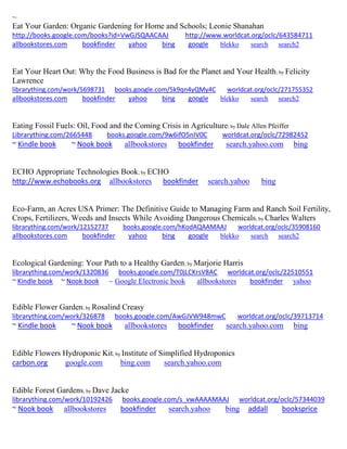 ~
Eat Your Garden: Organic Gardening for Home and Schools; Leonie Shanahan
http://books.google.com/books?id=VwGJSQAACAAJ http://www.worldcat.org/oclc/643584711
allbookstores.com bookfinder yahoo bing google blekko search search2
Eat Your Heart Out: Why the Food Business is Bad for the Planet and Your Health; by Felicity
Lawrence
librarything.com/work/5698731 books.google.com/5k9qn4yQMy4C worldcat.org/oclc/271755352
allbookstores.com bookfinder yahoo bing google blekko search search2
Eating Fossil Fuels: Oil, Food and the Coming Crisis in Agriculture; by Dale Allen Pfeiffer
Librarything.com/2665448 books.google.com/9w6ifO5nIV0C worldcat.org/oclc/72982452
~ Kindle book ~ Nook book allbookstores bookfinder search.yahoo.com bing
ECHO Appropriate Technologies Book; by ECHO
http://www.echobooks.org allbookstores bookfinder search.yahoo bing
Eco-Farm, an Acres USA Primer: The Definitive Guide to Managing Farm and Ranch Soil Fertility,
Crops, Fertilizers, Weeds and Insects While Avoiding Dangerous Chemicals; by Charles Walters
librarything.com/work/12152737 books.google.com/hKodAQAAMAAJ worldcat.org/oclc/35908160
allbookstores.com bookfinder yahoo bing google blekko search search2
Ecological Gardening: Your Path to a Healthy Garden; by Marjorie Harris
librarything.com/work/1320836 books.google.com/T0jLCKrsV8AC worldcat.org/oclc/22510551
~ Kindle book ~ Nook book ~ Google Electronic book allbookstores bookfinder yahoo
Edible Flower Garden; by Rosalind Creasy
librarything.com/work/326878 books.google.com/AwGJVW948mwC worldcat.org/oclc/39713714
~ Kindle book ~ Nook book allbookstores bookfinder search.yahoo.com bing
Edible Flowers Hydroponic Kit; by Institute of Simplified Hydroponics
carbon.org google.com bing.com search.yahoo.com
Edible Forest Gardens; by Dave Jacke
librarything.com/work/10192426 books.google.com/s_vwAAAAMAAJ worldcat.org/oclc/57344039
~ Nook book allbookstores bookfinder search.yahoo bing addall booksprice
 