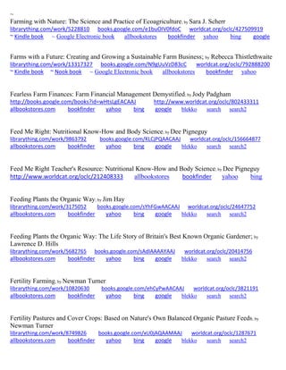 ~
Farming with Nature: The Science and Practice of Ecoagriculture; by Sara J. Scherr
librarything.com/work/5228810 books.google.com/e1buOIV0fdoC worldcat.org/oclc/427509919
~ Kindle book ~ Google Electronic book allbookstores bookfinder yahoo bing google
Farms with a Future: Creating and Growing a Sustainable Farm Business; by Rebecca Thistlethwaite
librarything.com/work/13317327 books.google.com/N9gUuVzD83cC worldcat.org/oclc/792888200
~ Kindle book ~ Nook book ~ Google Electronic book allbookstores bookfinder yahoo
Fearless Farm Finances: Farm Financial Management Demystified; by Jody Padgham
http://books.google.com/books?id=wHtsLgEACAAJ http://www.worldcat.org/oclc/802433311
allbookstores.com bookfinder yahoo bing google blekko search search2
Feed Me Right: Nutritional Know-How and Body Science; by Dee Pigneguy
librarything.com/work/9863792 books.google.com/KLCjPQAACAAJ worldcat.org/oclc/156664877
allbookstores.com bookfinder yahoo bing google blekko search search2
Feed Me Right Teacher's Resource: Nutritional Know-How and Body Science; by Dee Pigneguy
http://www.worldcat.org/oclc/212408333 allbookstores bookfinder yahoo bing
Feeding Plants the Organic Way; by Jim Hay
librarything.com/work/3175052 books.google.com/sYhFGwAACAAJ worldcat.org/oclc/24647752
allbookstores.com bookfinder yahoo bing google blekko search search2
Feeding Plants the Organic Way: The Life Story of Britain's Best Known Organic Gardener; by
Lawrence D. Hills
librarything.com/work/5682765 books.google.com/sAdIAAAAYAAJ worldcat.org/oclc/20414756
allbookstores.com bookfinder yahoo bing google blekko search search2
Fertility Farming; by Newman Turner
librarything.com/work/10820630 books.google.com/ehCyPwAACAAJ worldcat.org/oclc/3821191
allbookstores.com bookfinder yahoo bing google blekko search search2
Fertility Pastures and Cover Crops: Based on Nature's Own Balanced Organic Pasture Feeds; by
Newman Turner
librarything.com/work/8749826 books.google.com/xU0jAQAAMAAJ worldcat.org/oclc/1287671
allbookstores.com bookfinder yahoo bing google blekko search search2
 